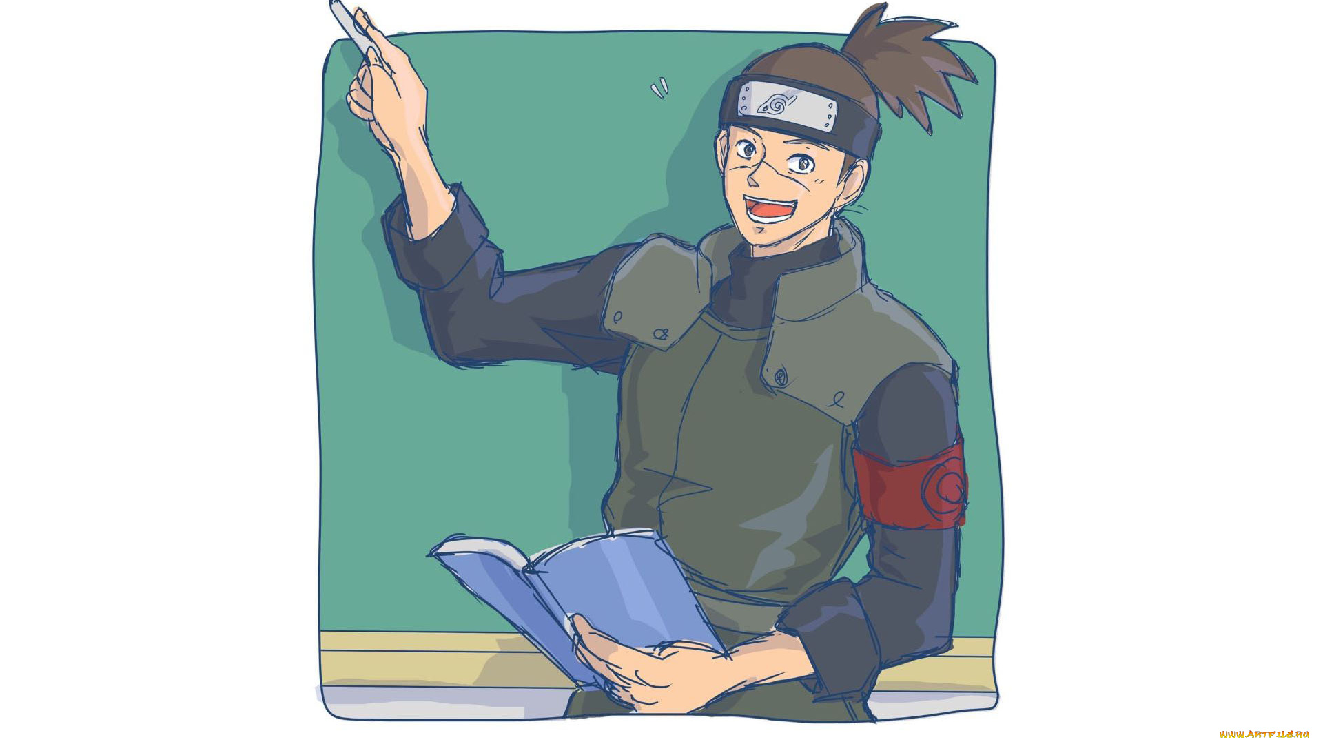 аниме, naruto, умино, ирука, учитель, доска, книга, мел