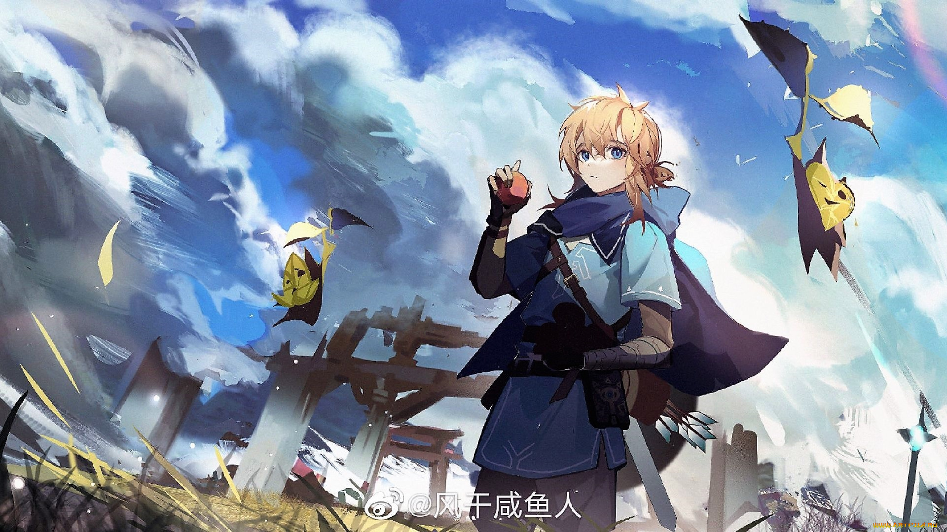 аниме, unknown, , другое, , парень, тучи, развалины