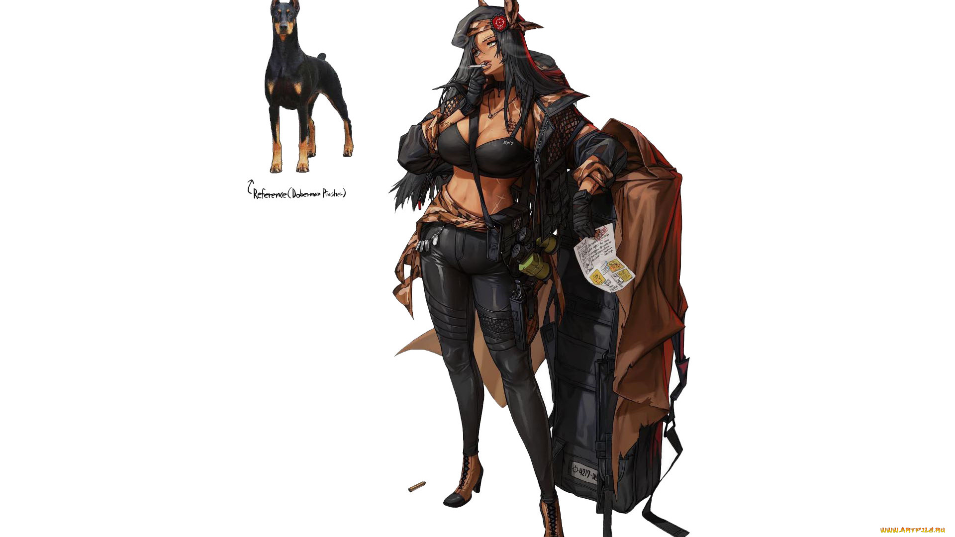 аниме, животные, , существа, девушка, плащ, сигарета, чемодан, собака