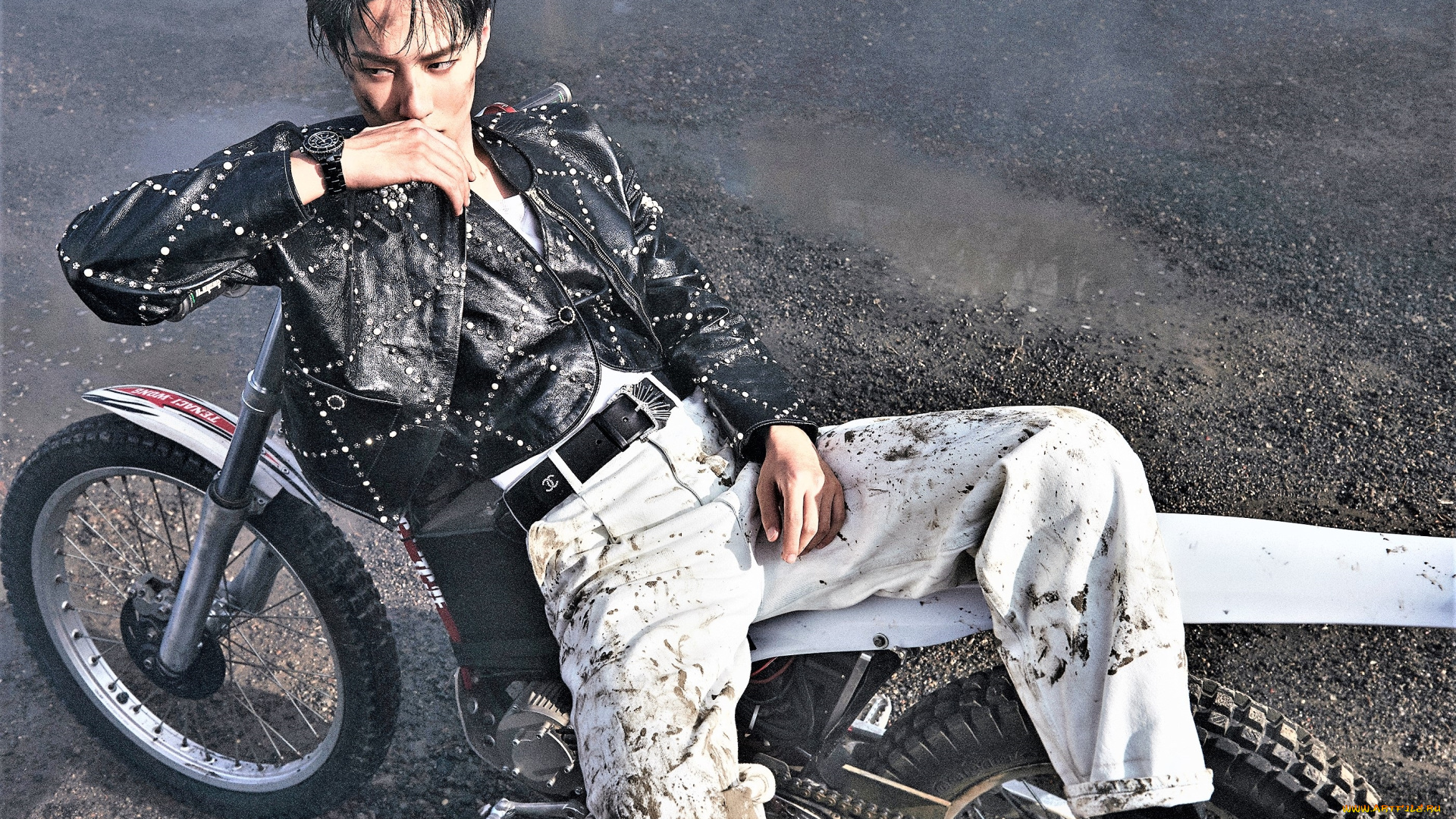 мужчины, wang, yi, bo, актер, певец, мотоцикл, грязь, лужи