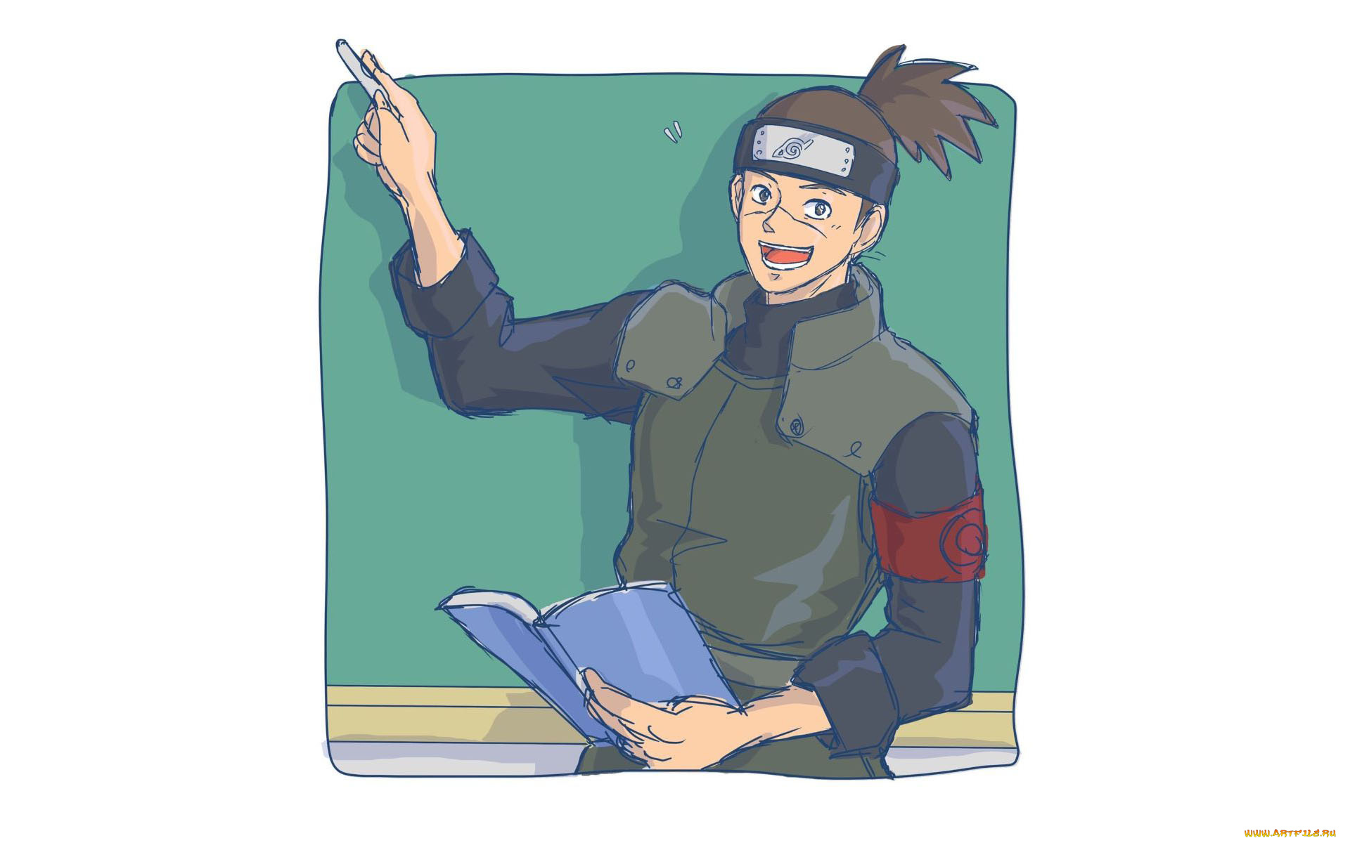 аниме, naruto, умино, ирука, учитель, доска, книга, мел