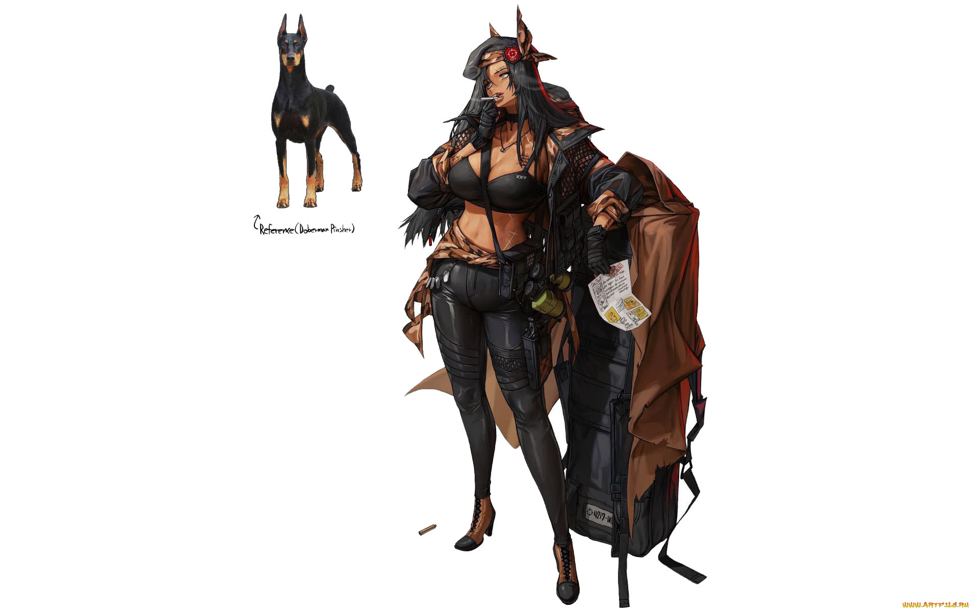 аниме, животные, , существа, девушка, плащ, сигарета, чемодан, собака