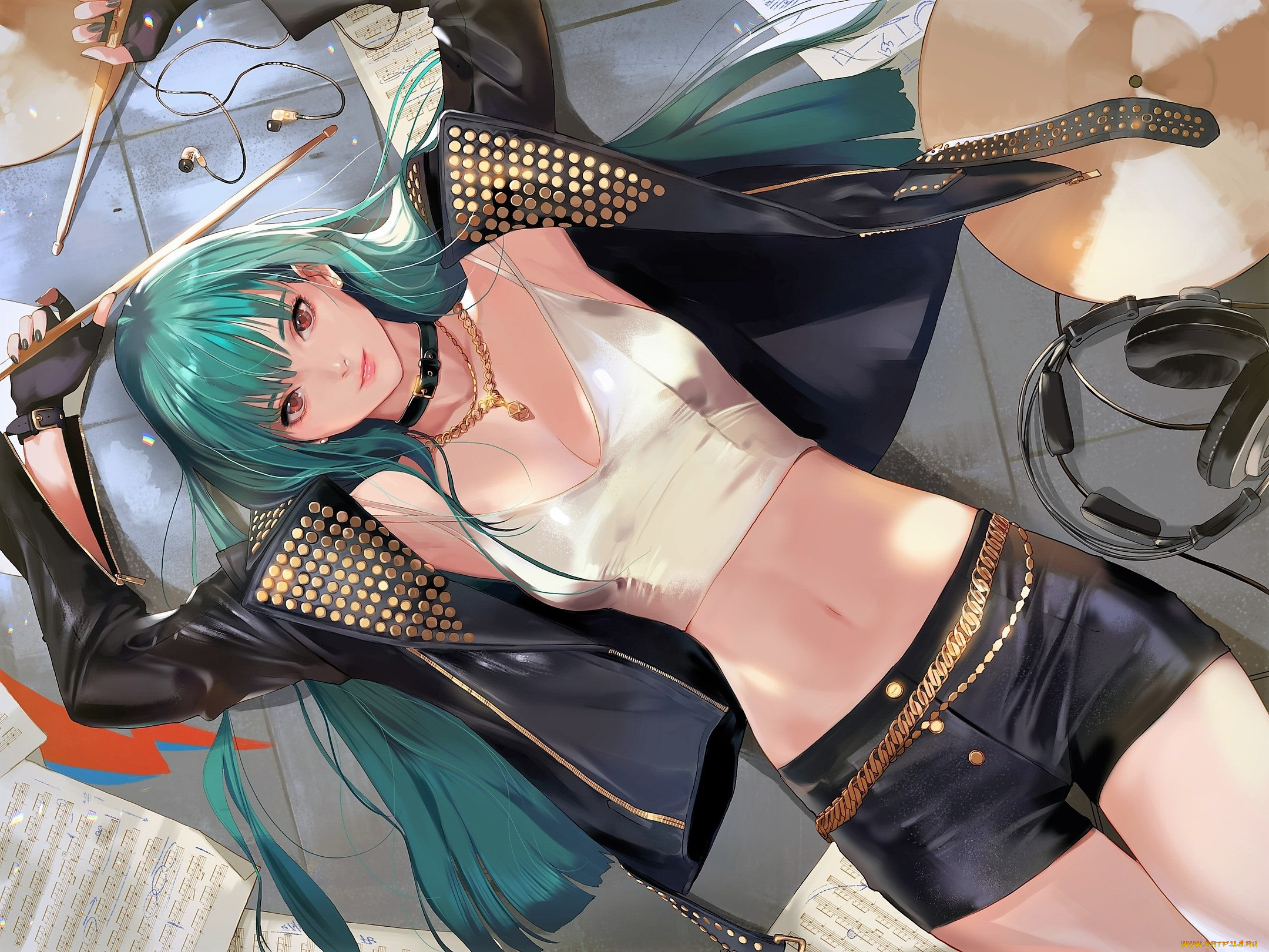 аниме, музыка, девушка, куртка, шорты, наушники, палочки