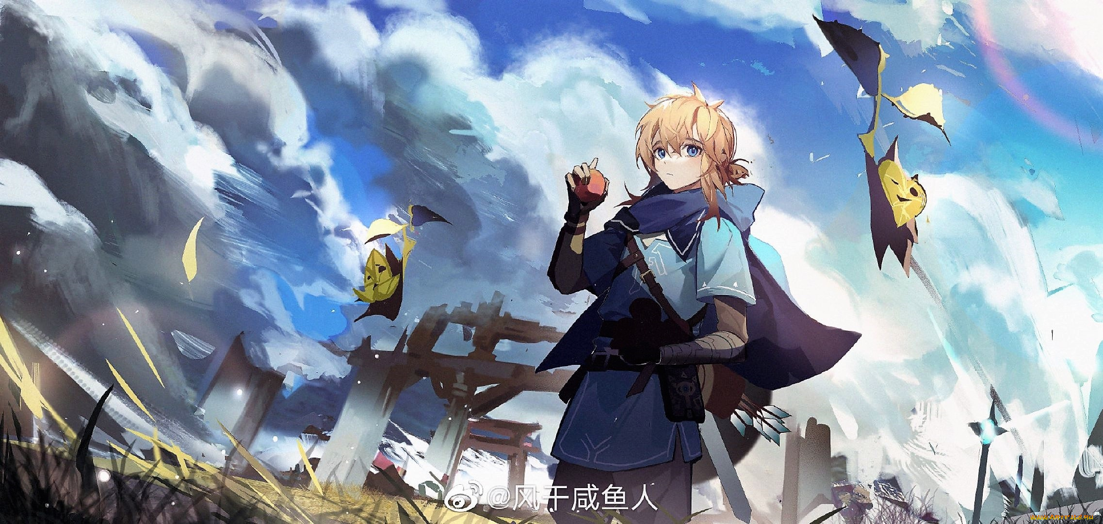 аниме, unknown, , другое, , парень, тучи, развалины