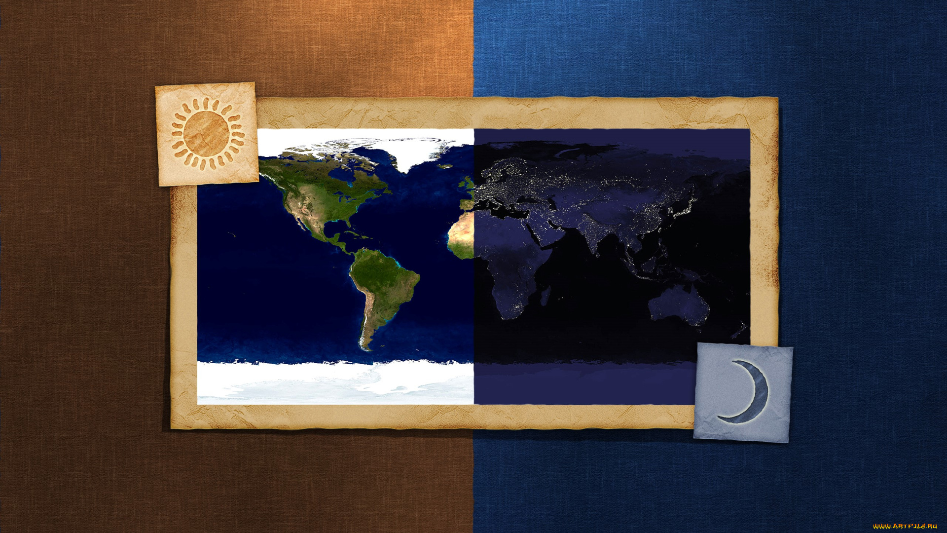 рисованное, vladstudio, день, ночь, карта, солнце, месяц, рама