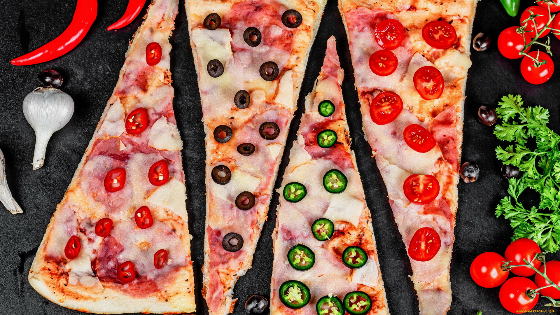 еда, пицца, перец, петрушка, маслины