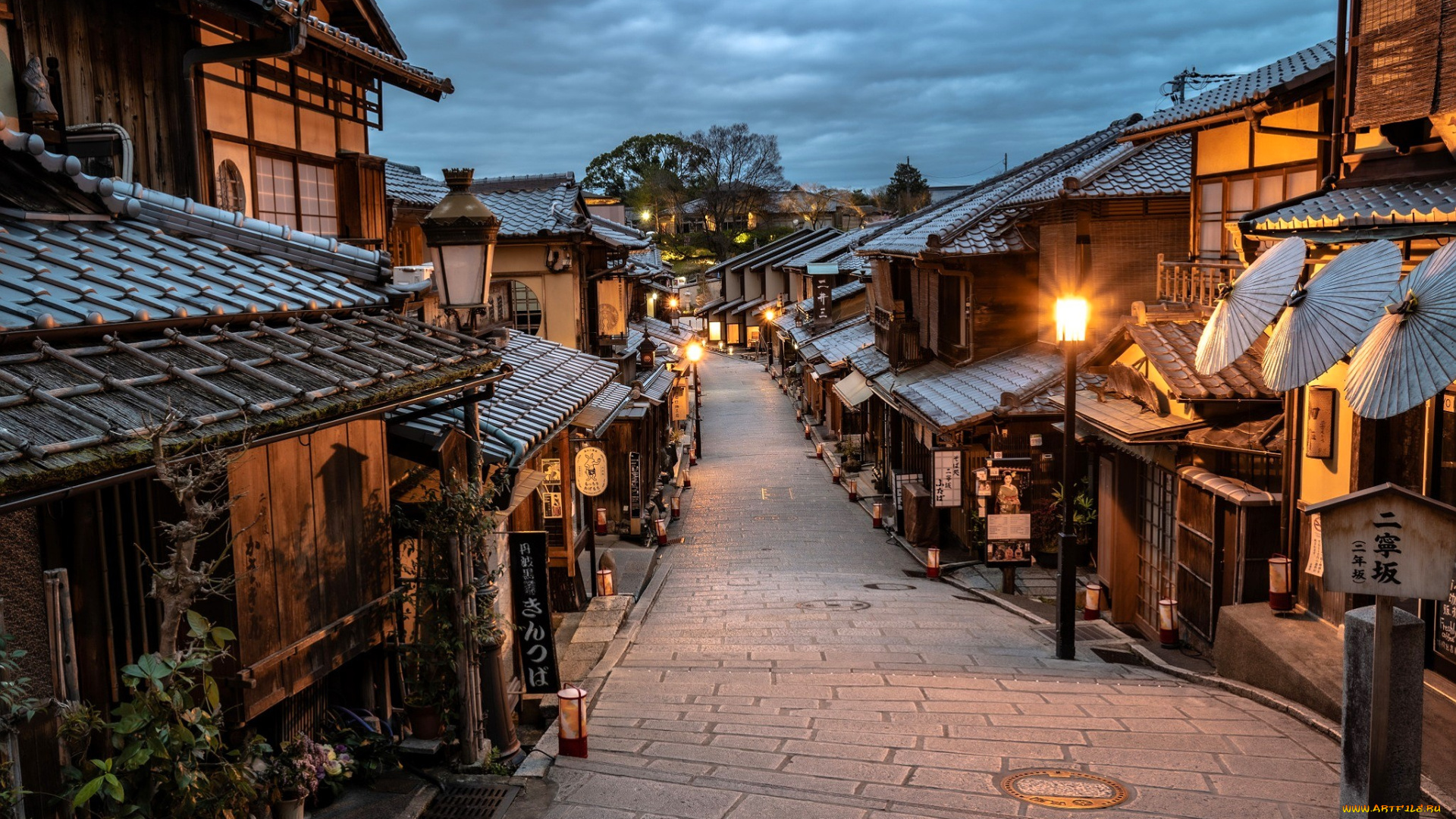 города, киото, , япония, улица, дома, огни, фонари, ступени