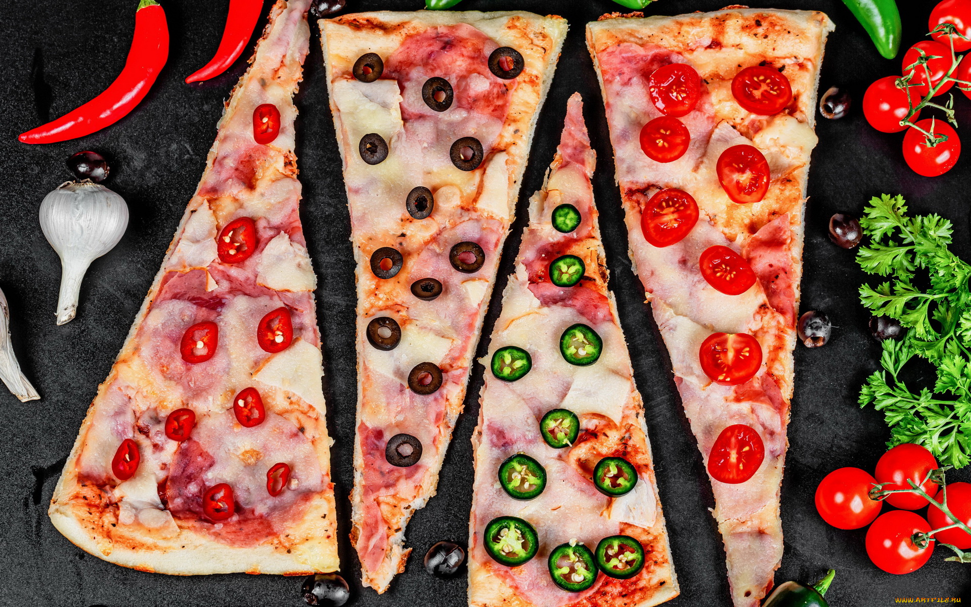 еда, пицца, перец, петрушка, маслины