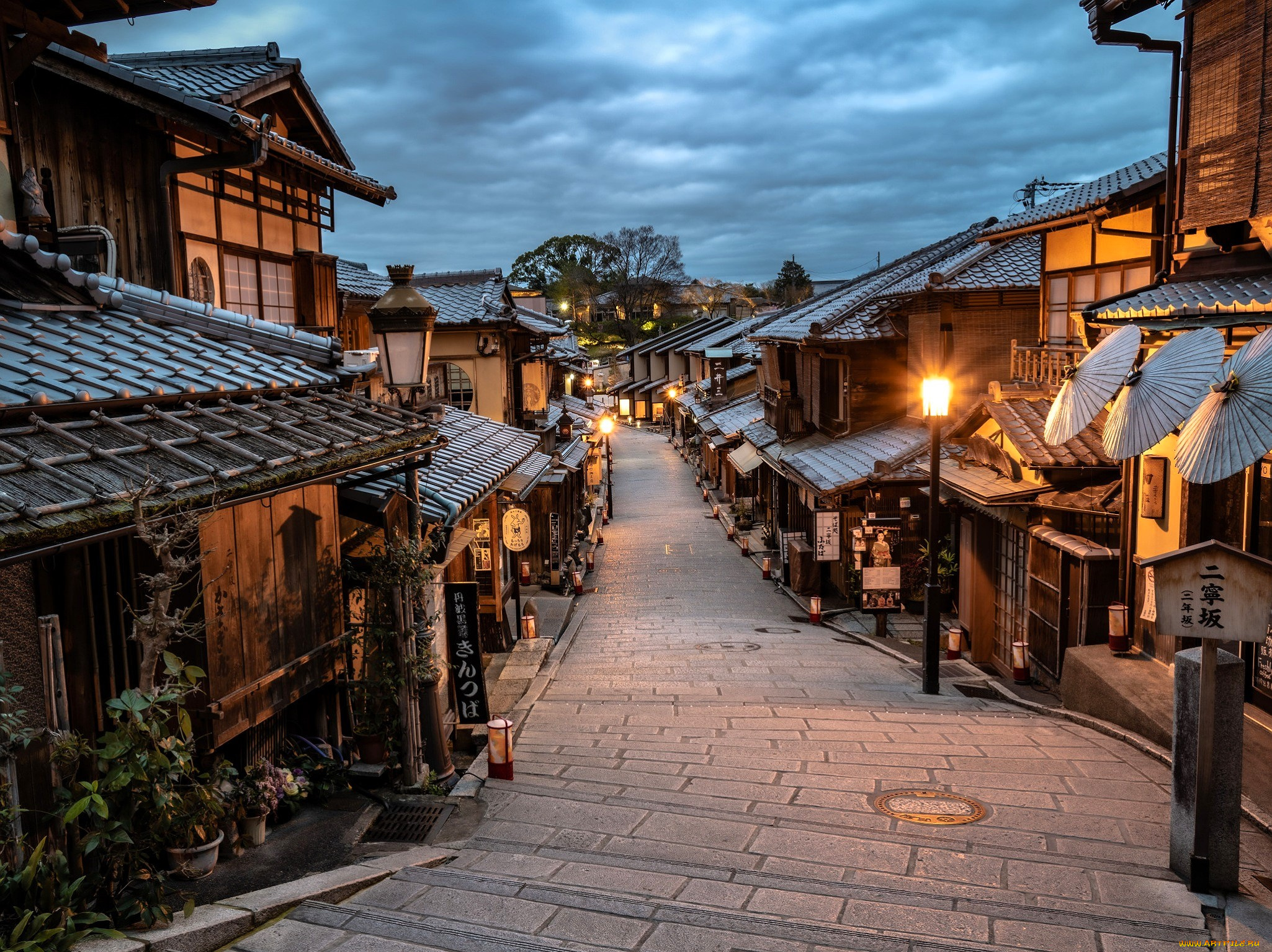 города, киото, , япония, улица, дома, огни, фонари, ступени