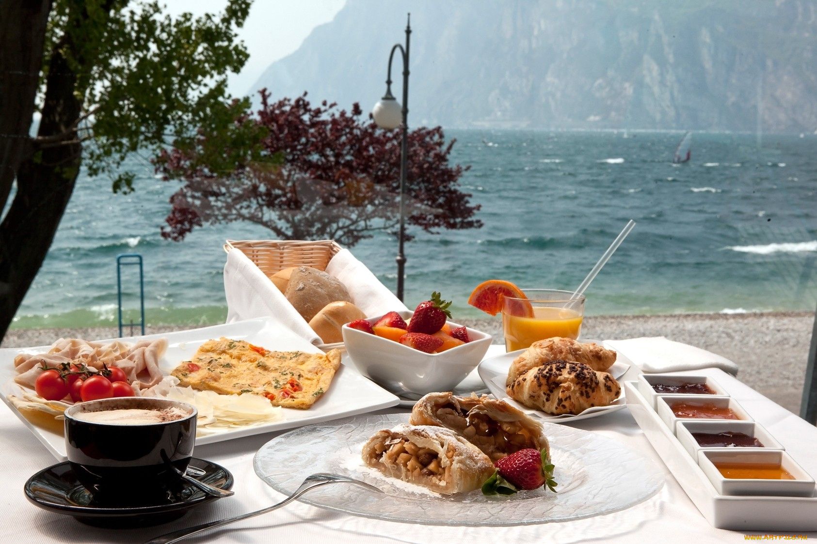 еда, разное, кофе, клубника, сок, десерт