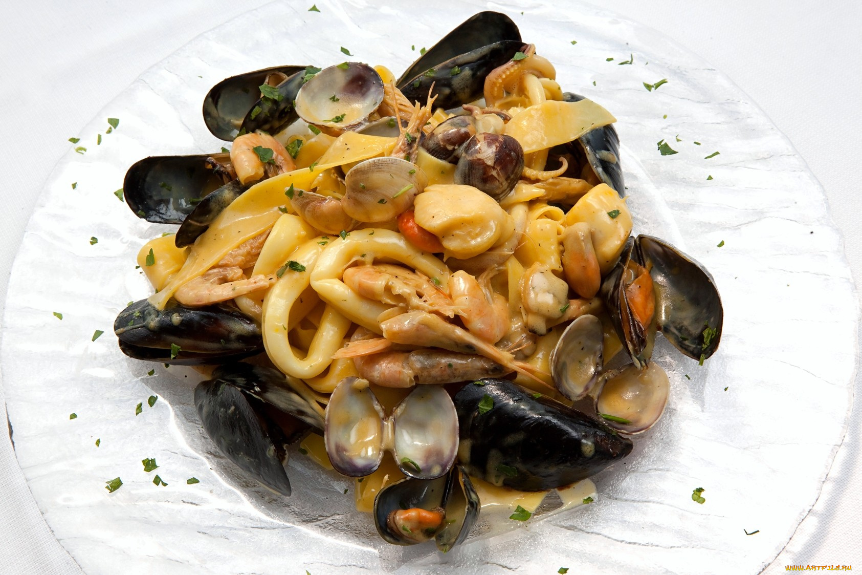 еда, рыбные, блюда, морепродуктами, мидии, паста