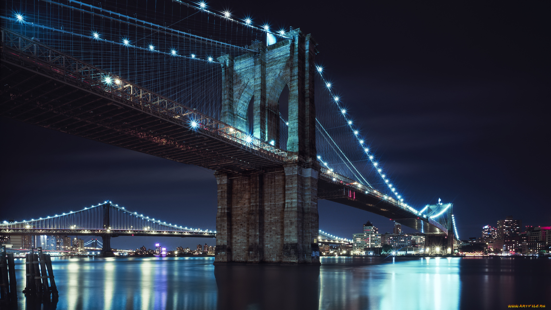 бруклин, города, нью, йорк, сша, ночь, мерцание, огней, водная, гладь
