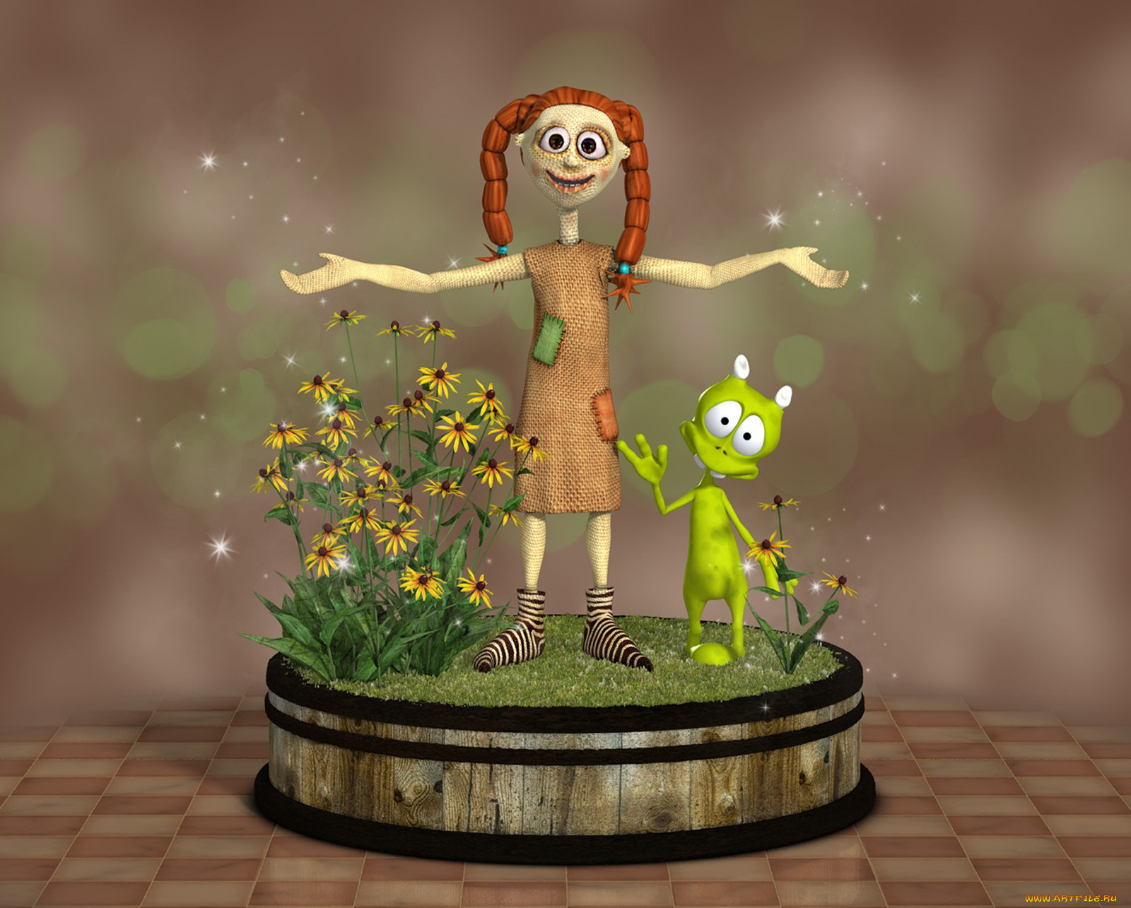 3д, графика, creatures, существа, куклы, цветы