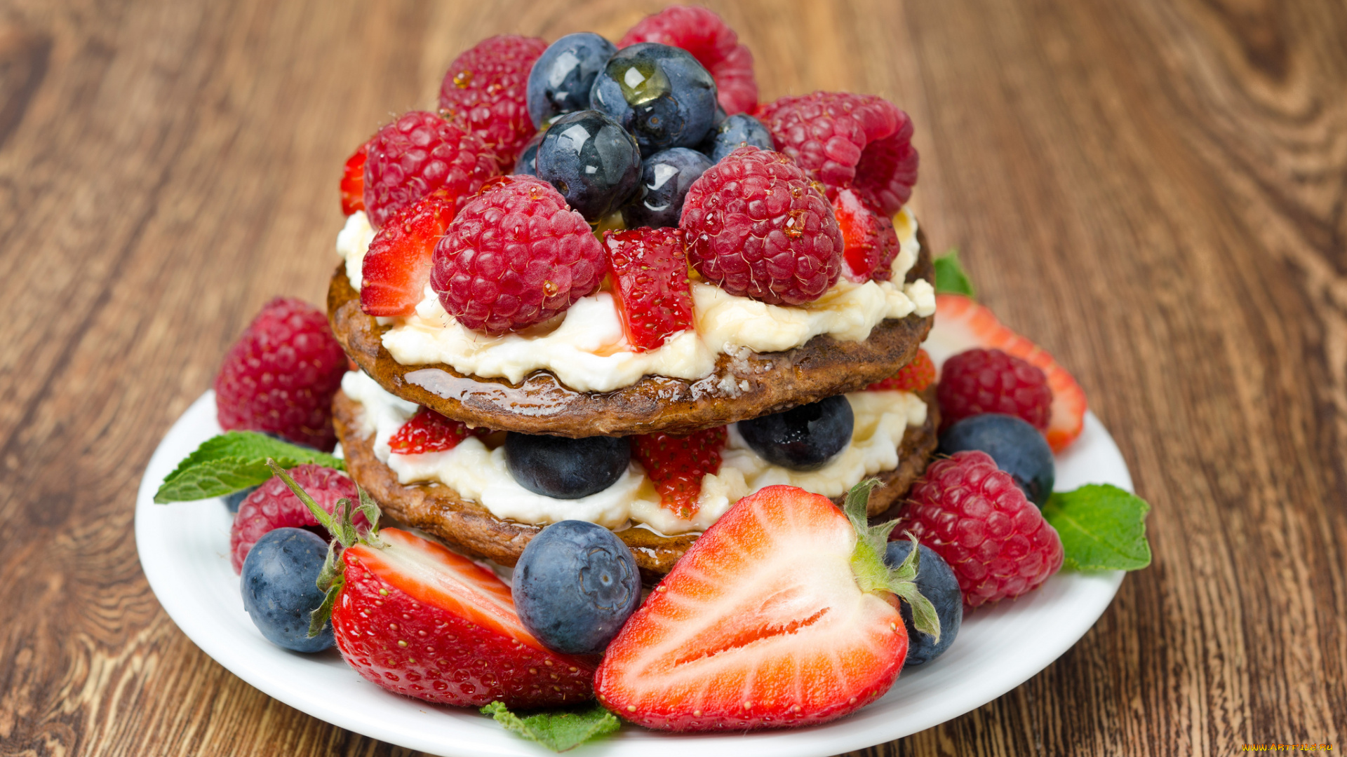 еда, блины, оладьи, мята, ягоды, сливки, блинчики