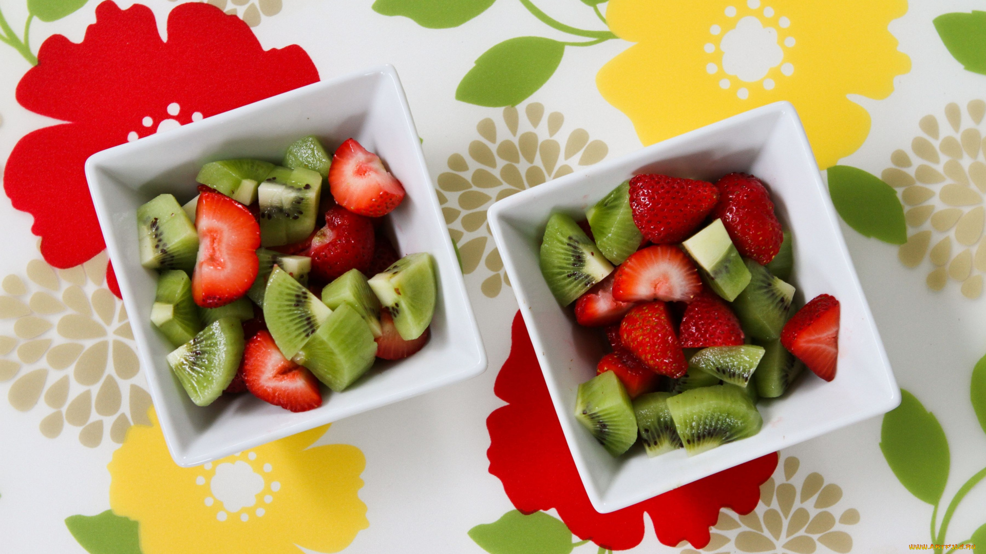 еда, фрукты, ягоды, фруктовый, салат, цветы, киви, клубника