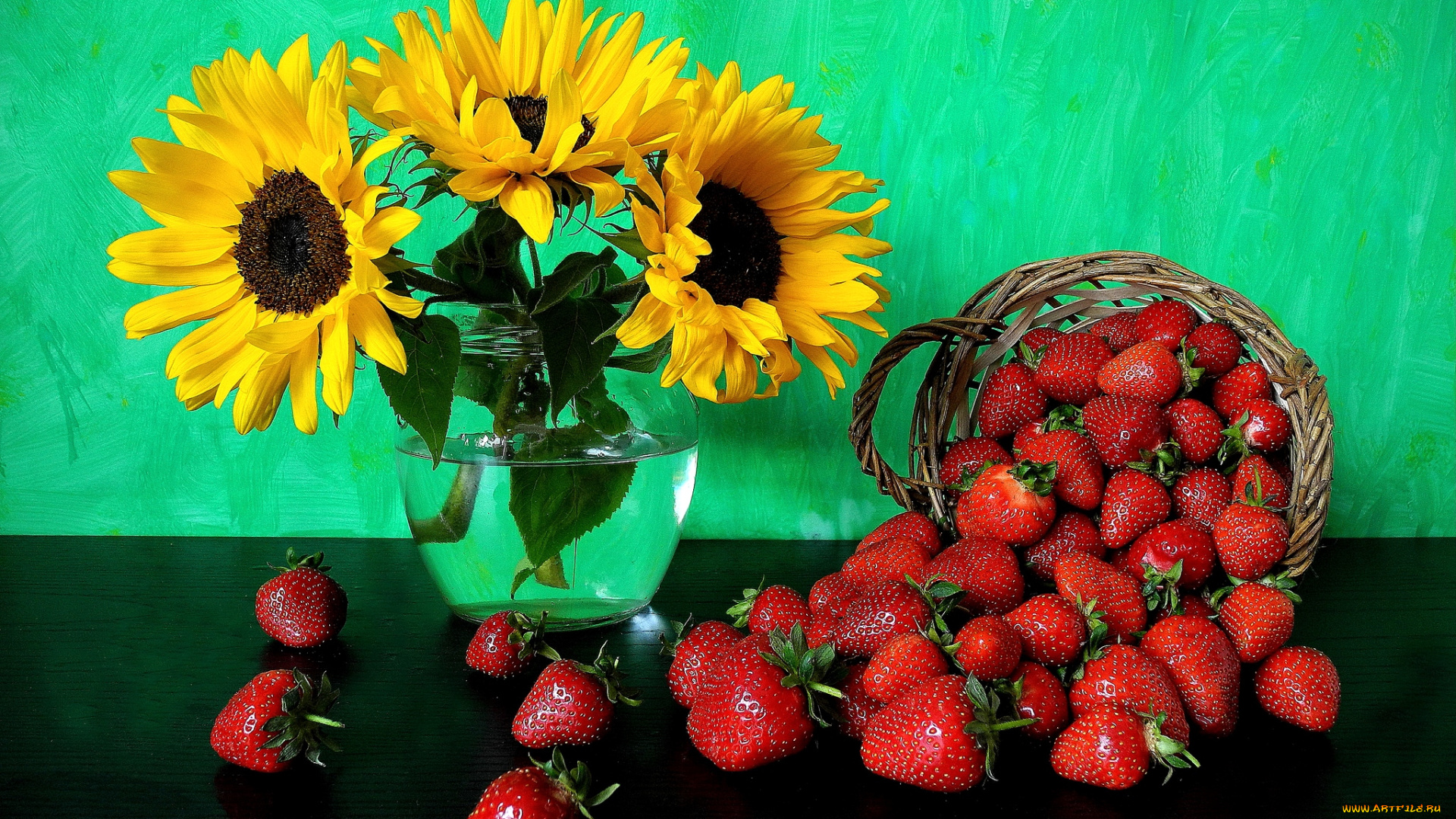 еда, клубника, земляника, подсолнухи, ягоды