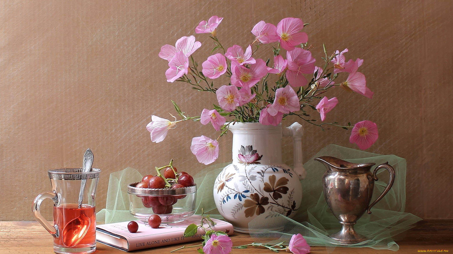 еда, натюрморт, чай, цветы, виноград