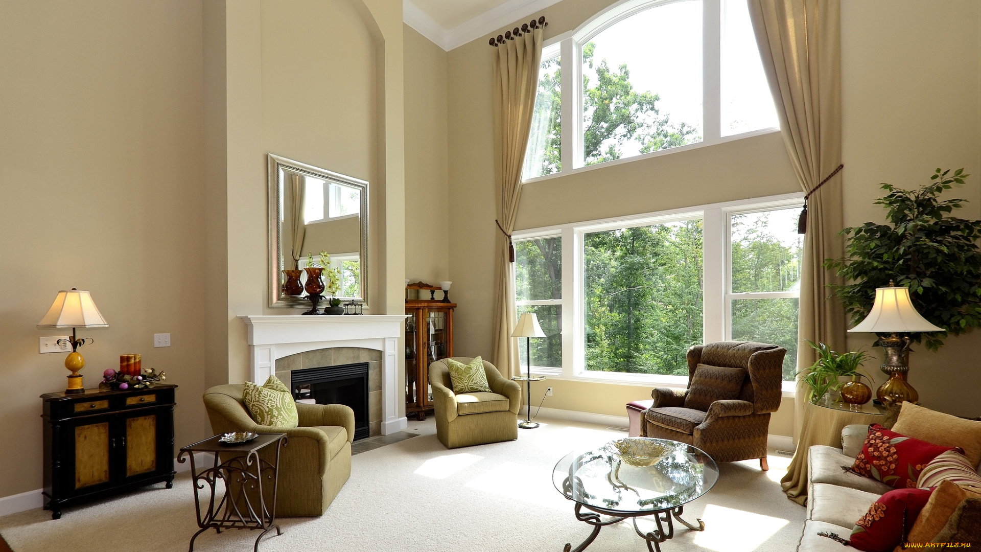 интерьер, гостиная, окно, кресла