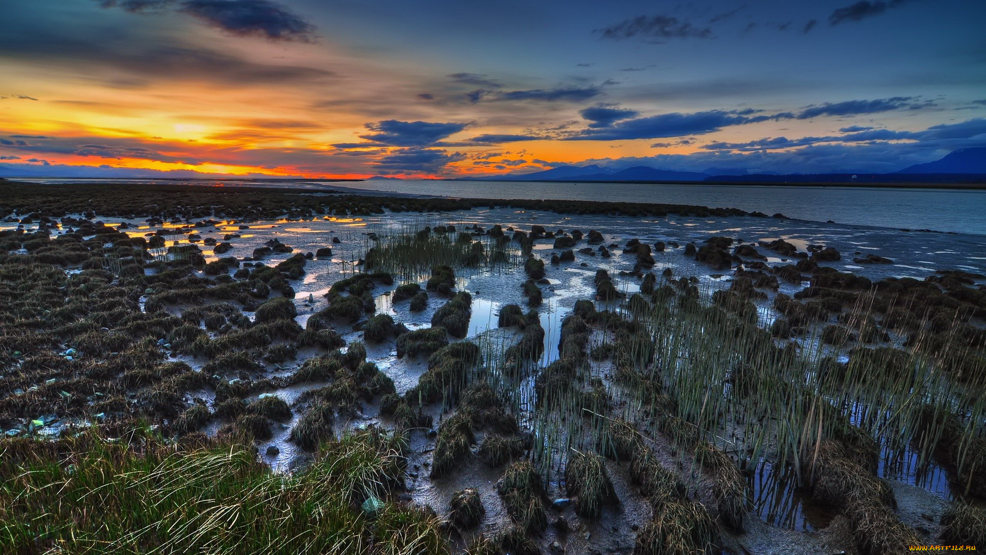 природа, восходы, закаты, озеро, отмель, трава, тучи, закат