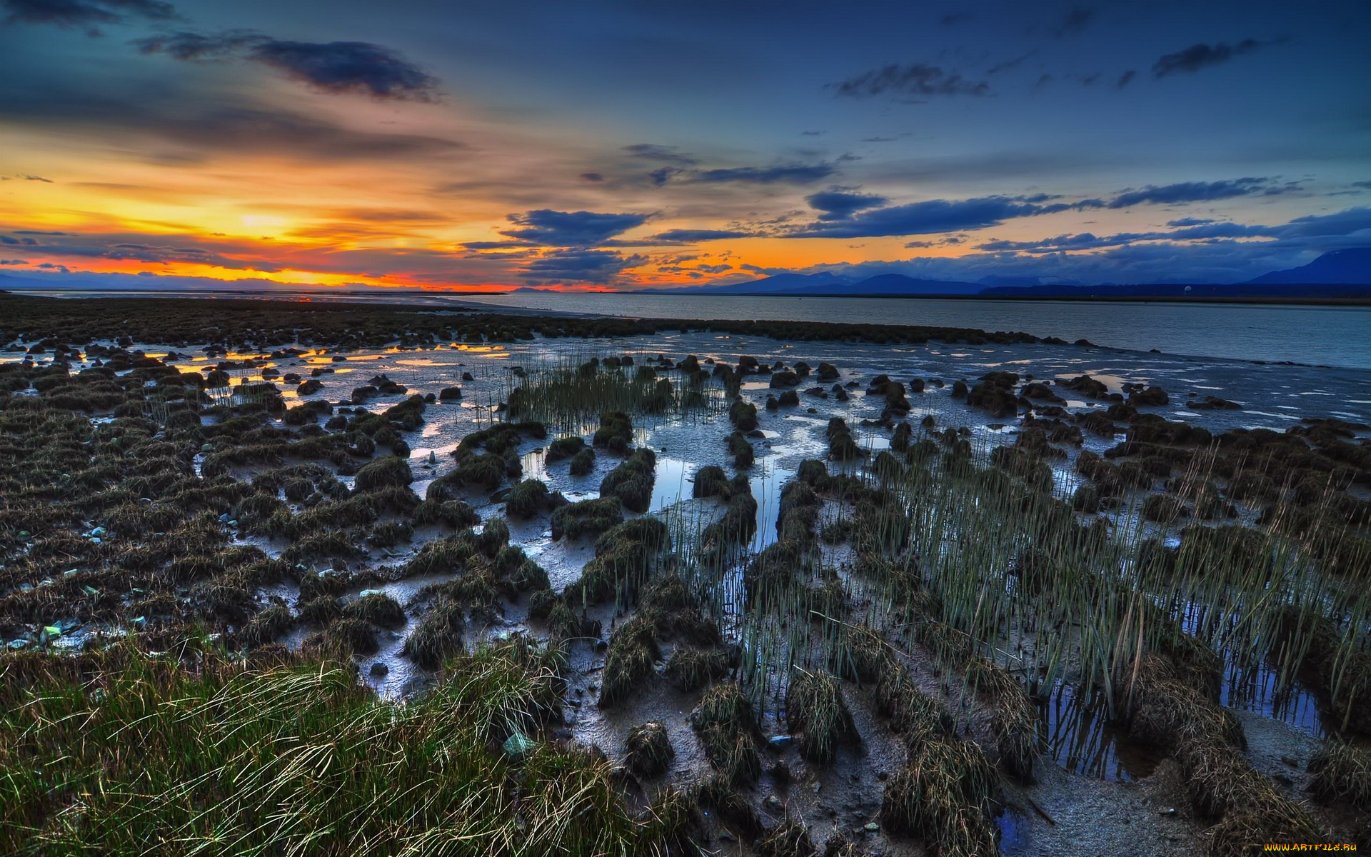 природа, восходы, закаты, озеро, отмель, трава, тучи, закат
