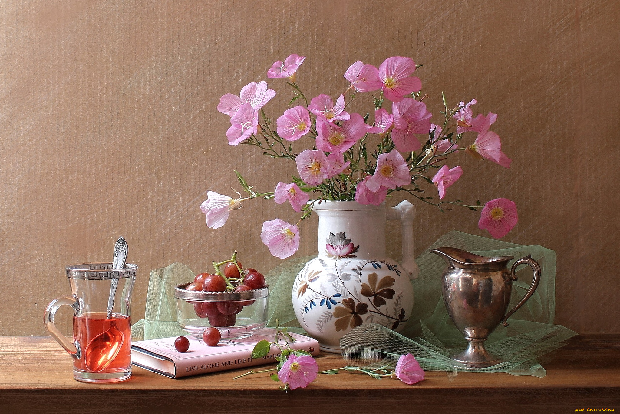 еда, натюрморт, чай, цветы, виноград