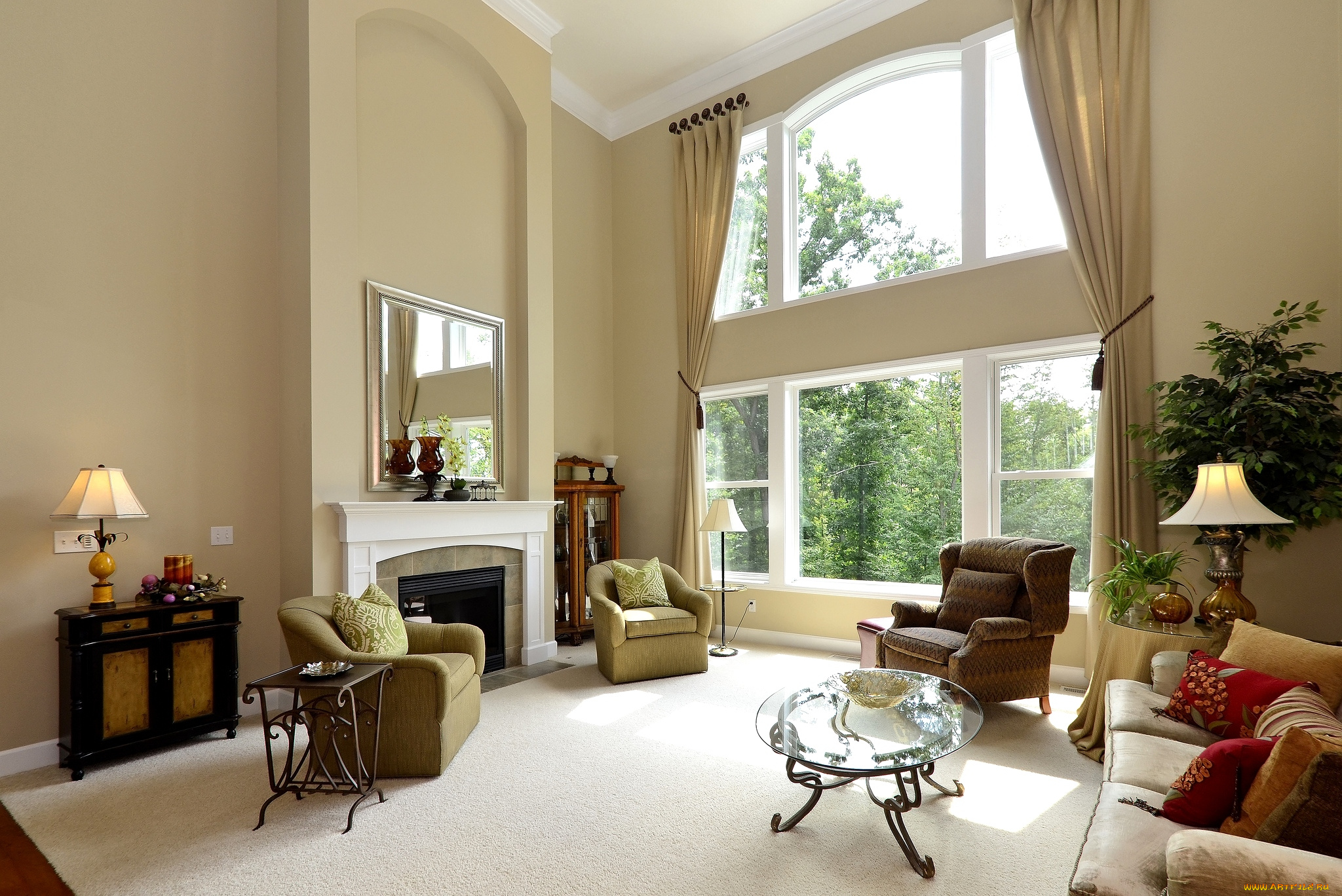 интерьер, гостиная, окно, кресла