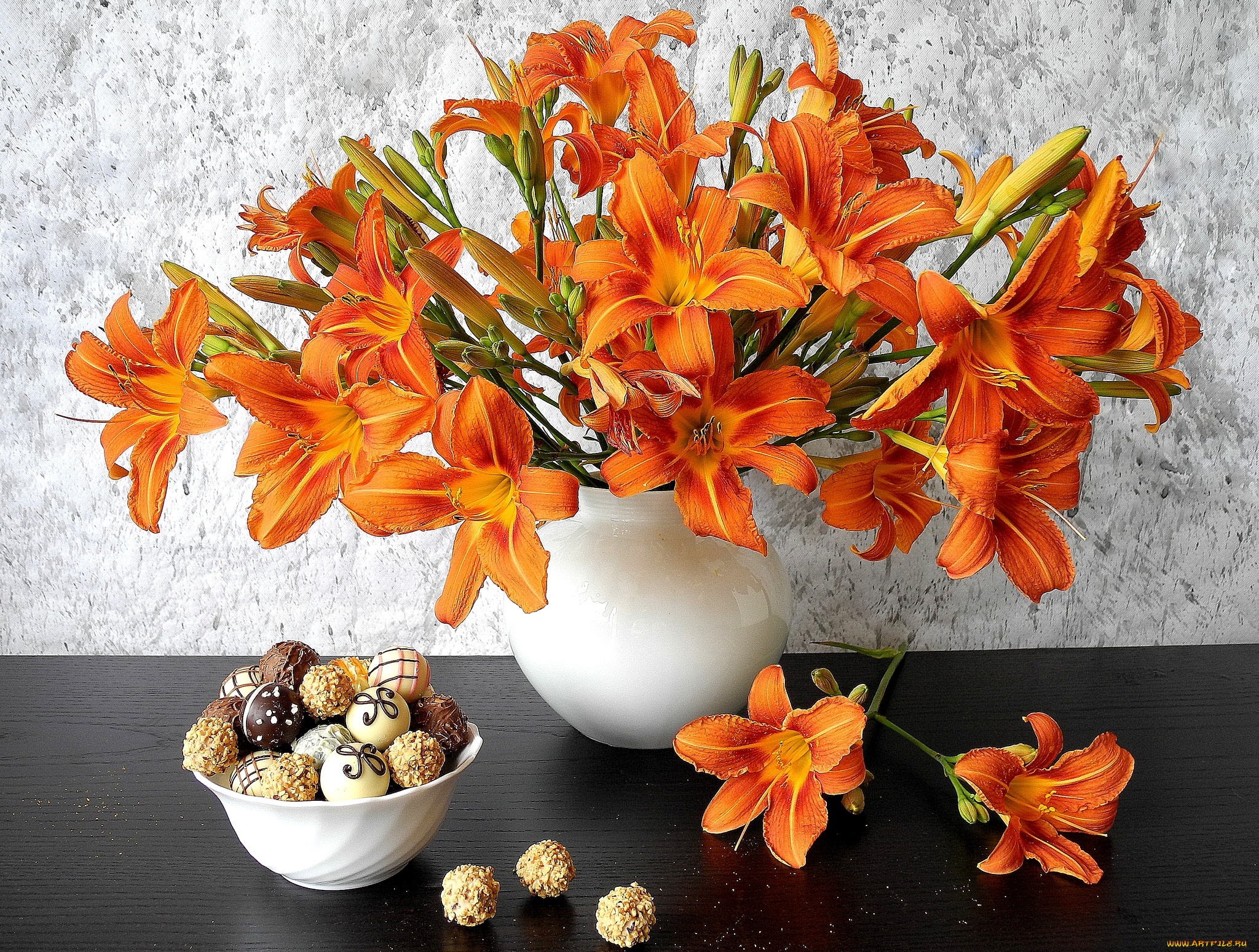 еда, конфеты, шоколад, сладости, букет, лилейник