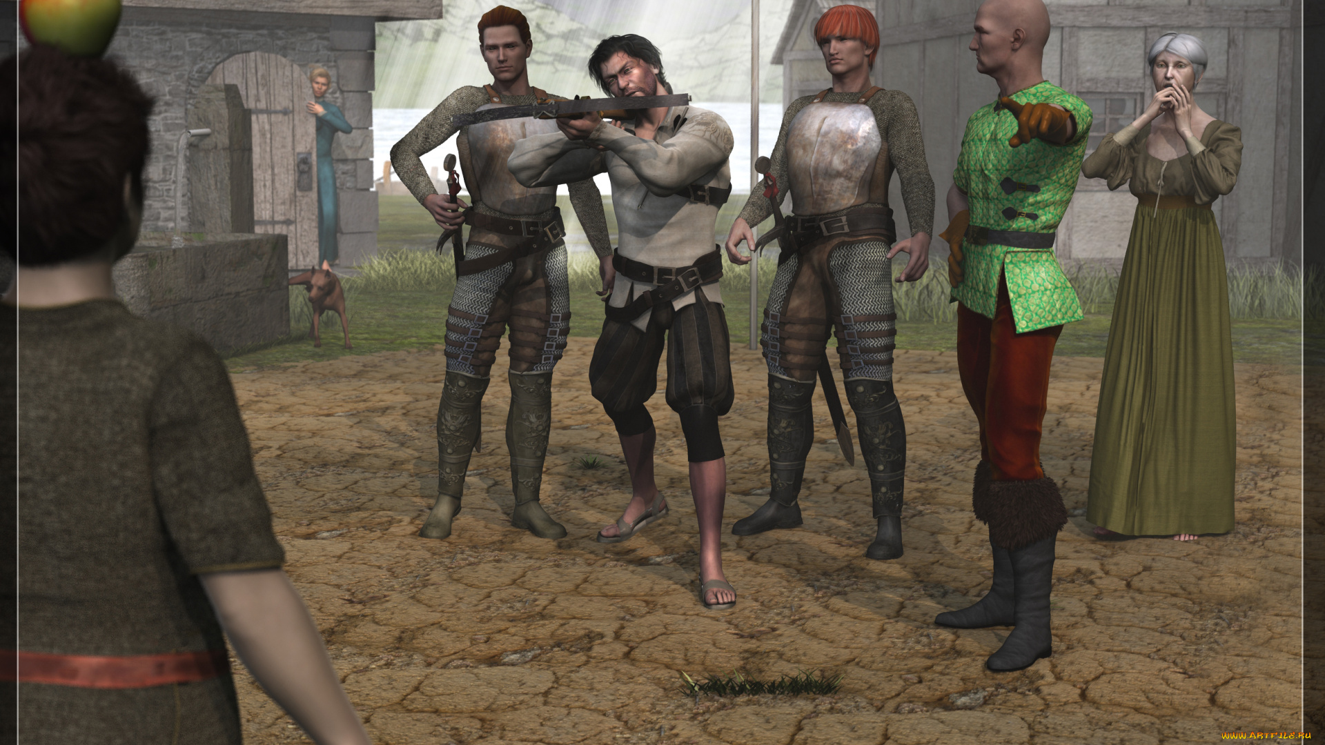 3д, графика, люди, , people, арбалет, девушка, мужчины, яблоко