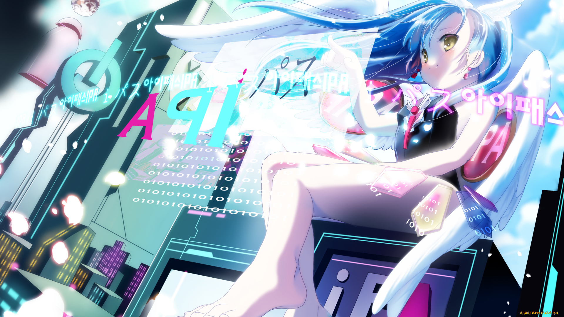 аниме, -angels, &, demons, буквы, крылья, технологии, девушка