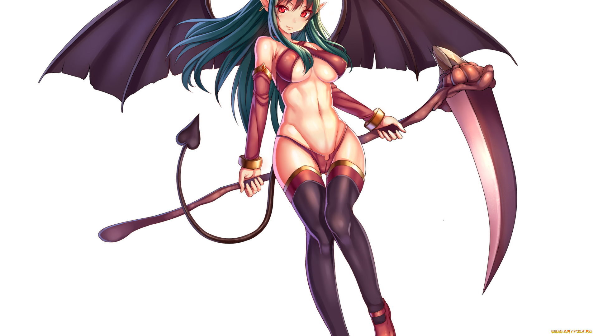 аниме, -angels, &, demons, рожки, белый, фон, девушка, коса, демон, крылья