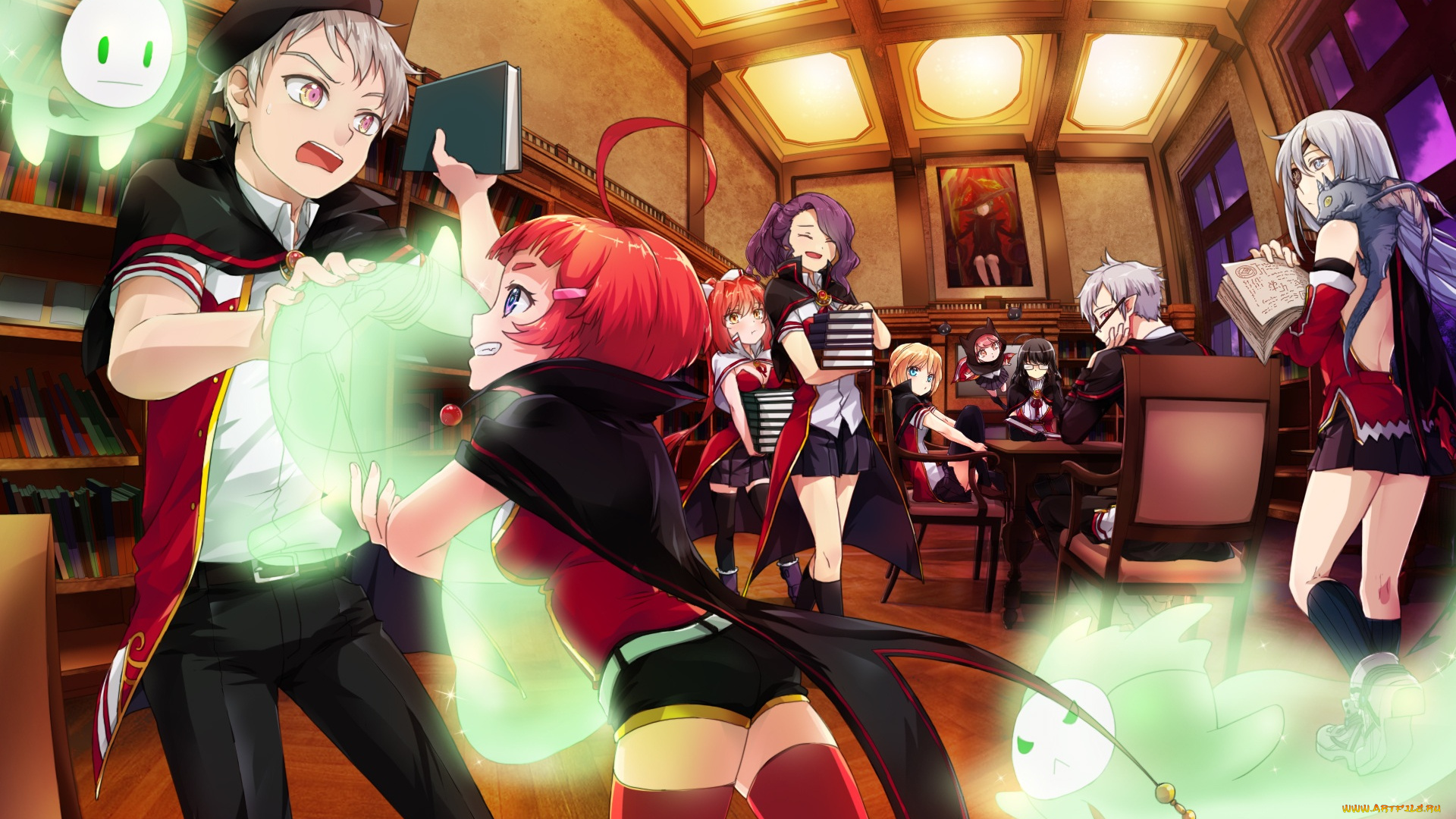 аниме, -halloween, &, magic, полки, книги, драка, парень, девушка, возмущение, люди