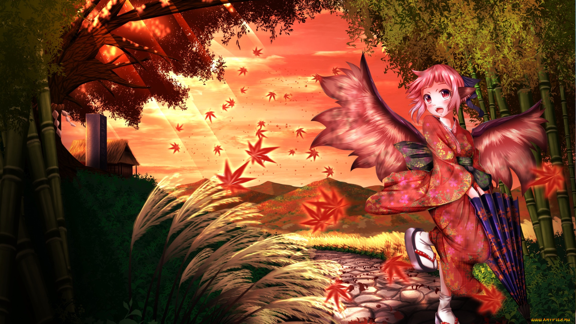 аниме, touhou, арт, бамбук, девочка, листья, зонт, осень, лучи