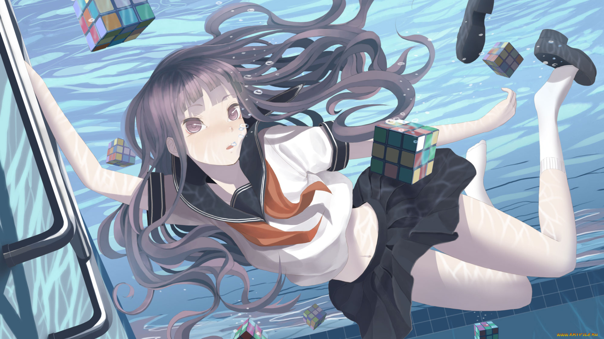 аниме, *unknown, , другое, пузырьки, девушка, вода