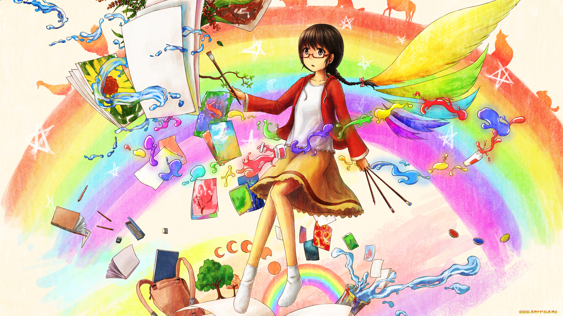 аниме, *unknown, , другое, радуга, цветы, шатенка, краски, коса, рисование, дерево, листы, арт, девушка, сумка, кисточки