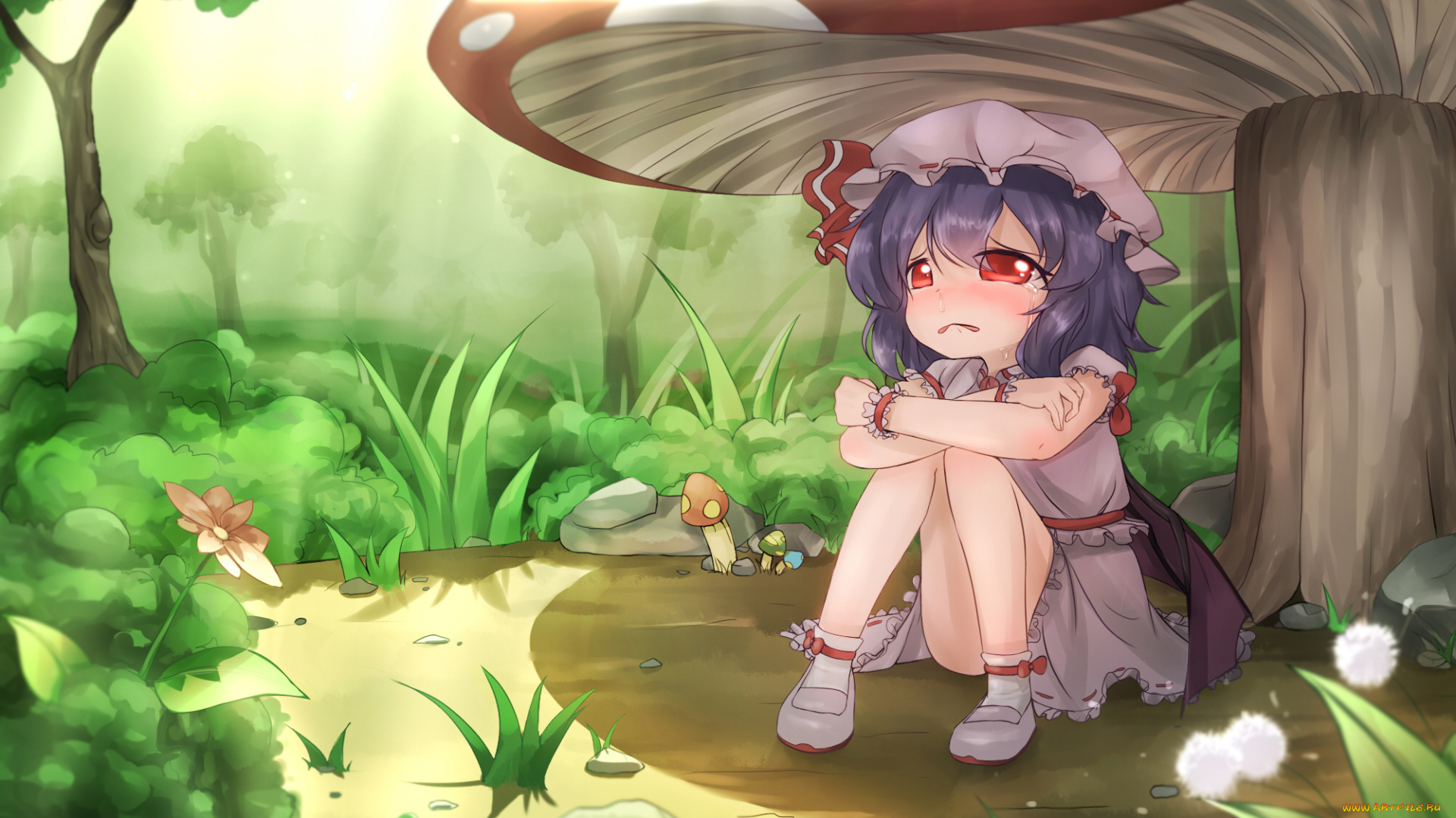 аниме, *unknown, , другое, растения, камни, цветок, трава, слёзы, девочка, природа, гриб