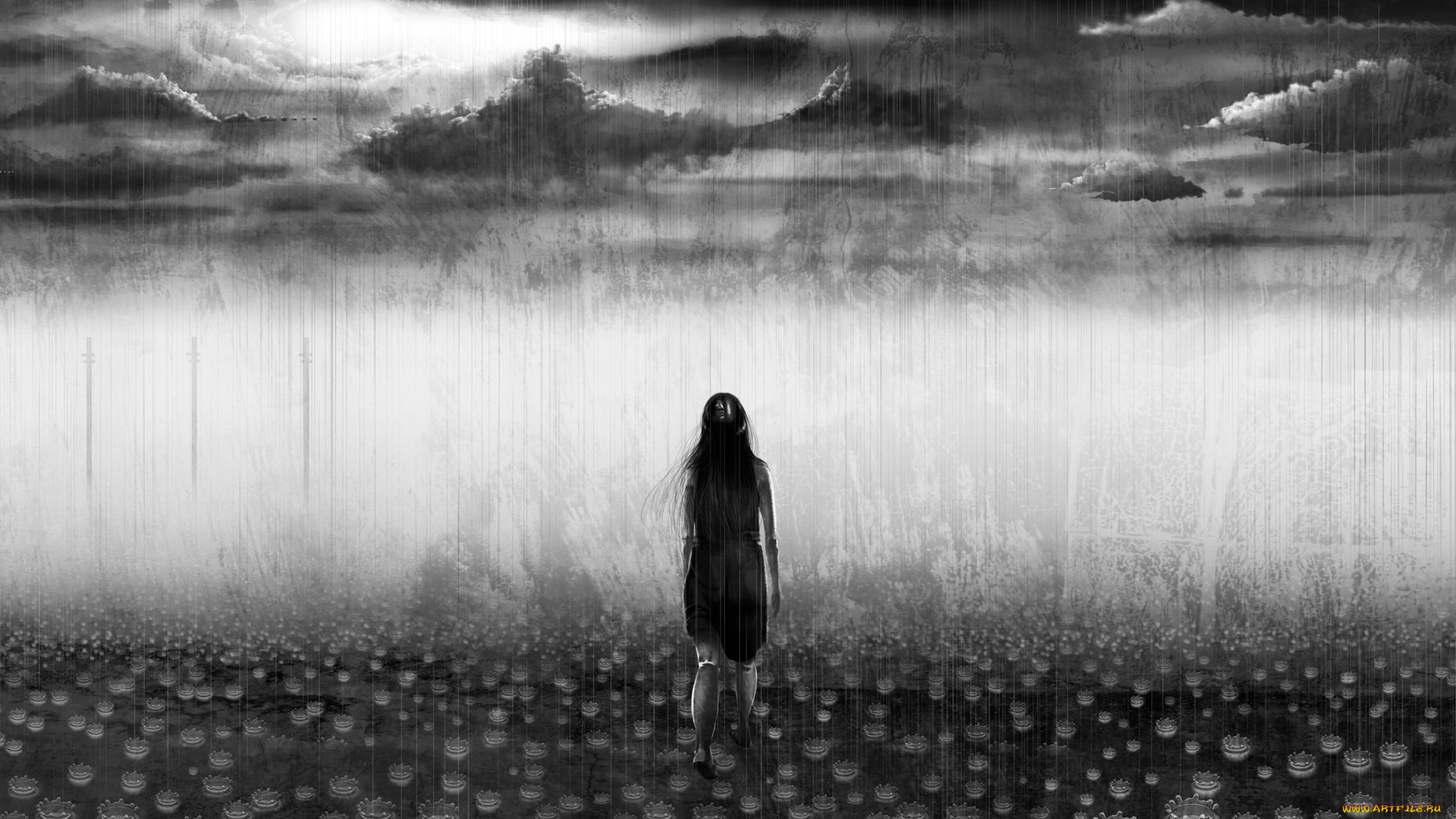 аниме, *unknown, , другое, серость, тучи, дождь, девушка, черно-белая