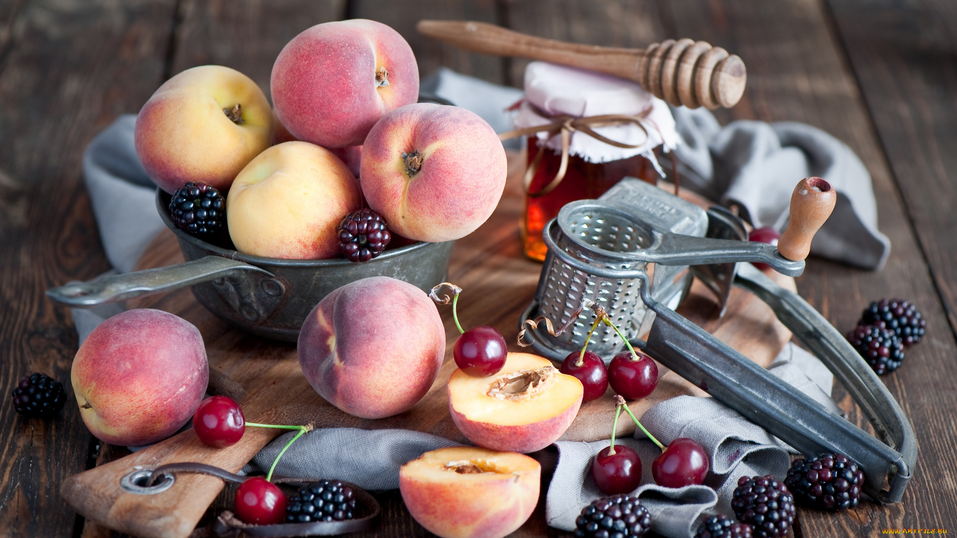 еда, фрукты, , ягоды, ежевика, вишня, персики, ягоды