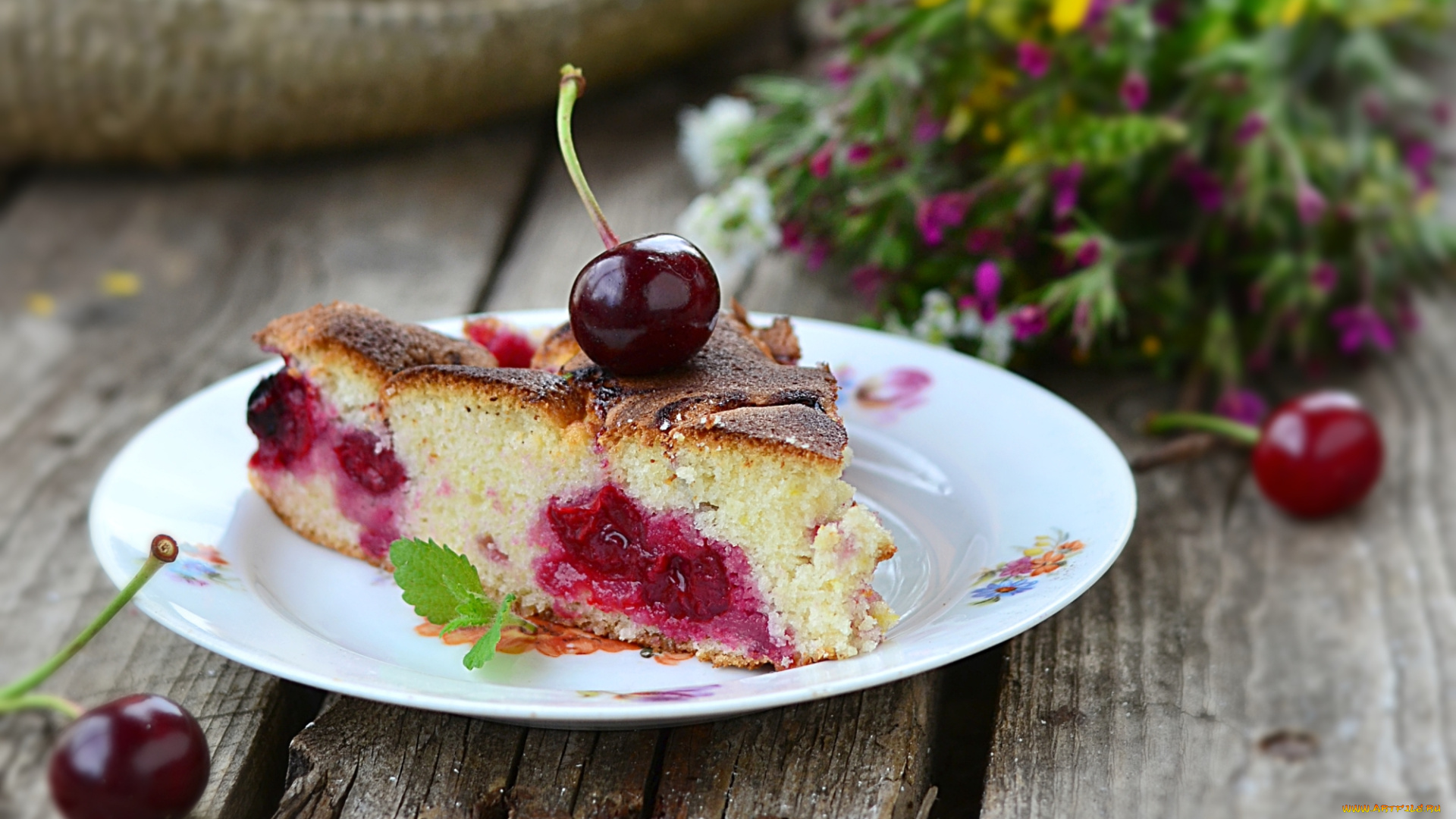 еда, пироги, кусок, вишня