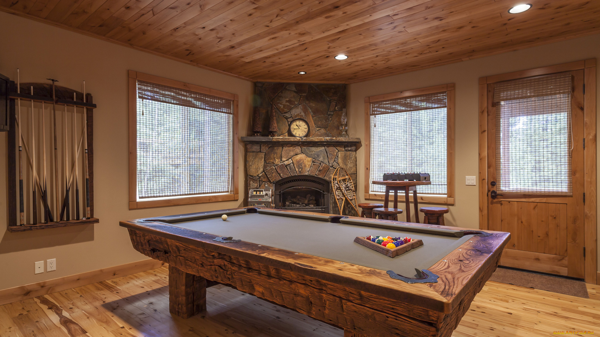 интерьер, бильярдная, стол, шары