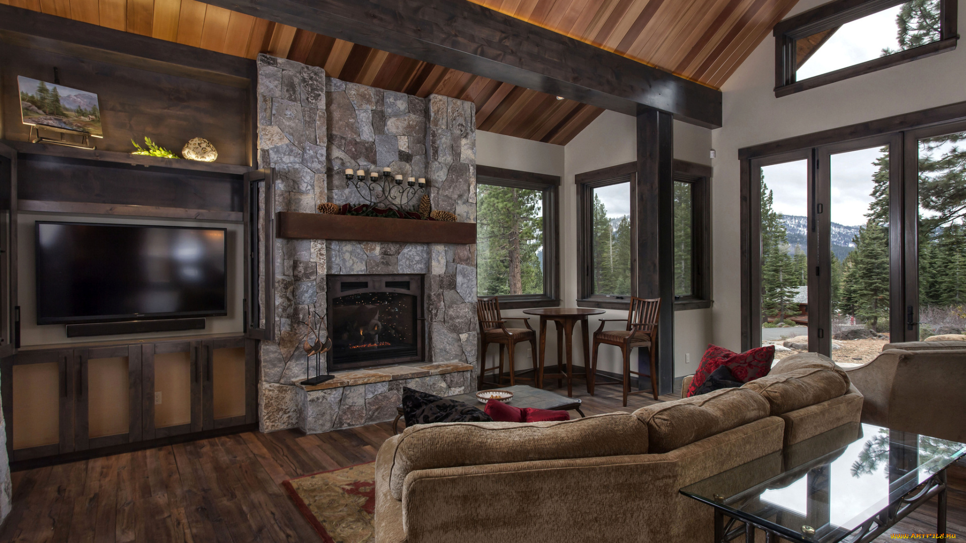 интерьер, гостиная, камин, диван