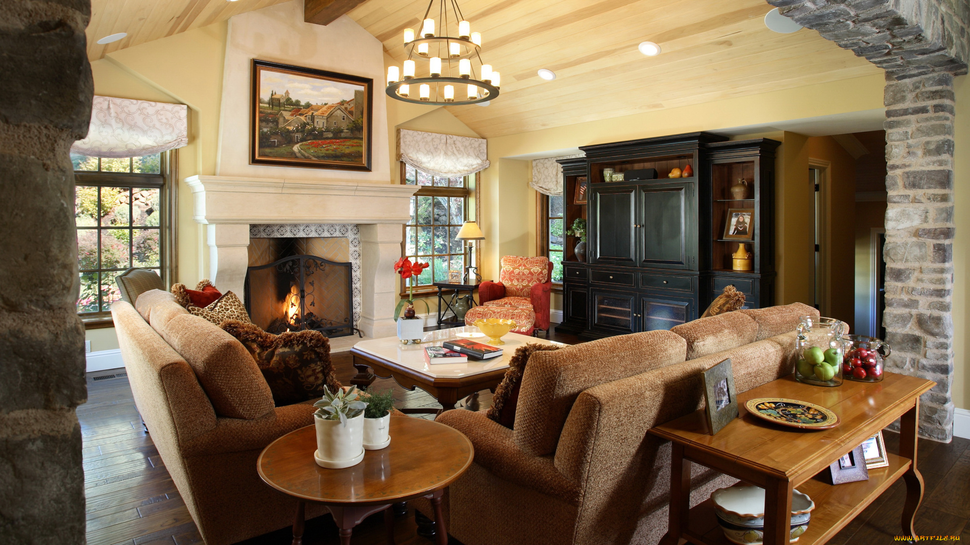 интерьер, гостиная, стол, люстра, диван