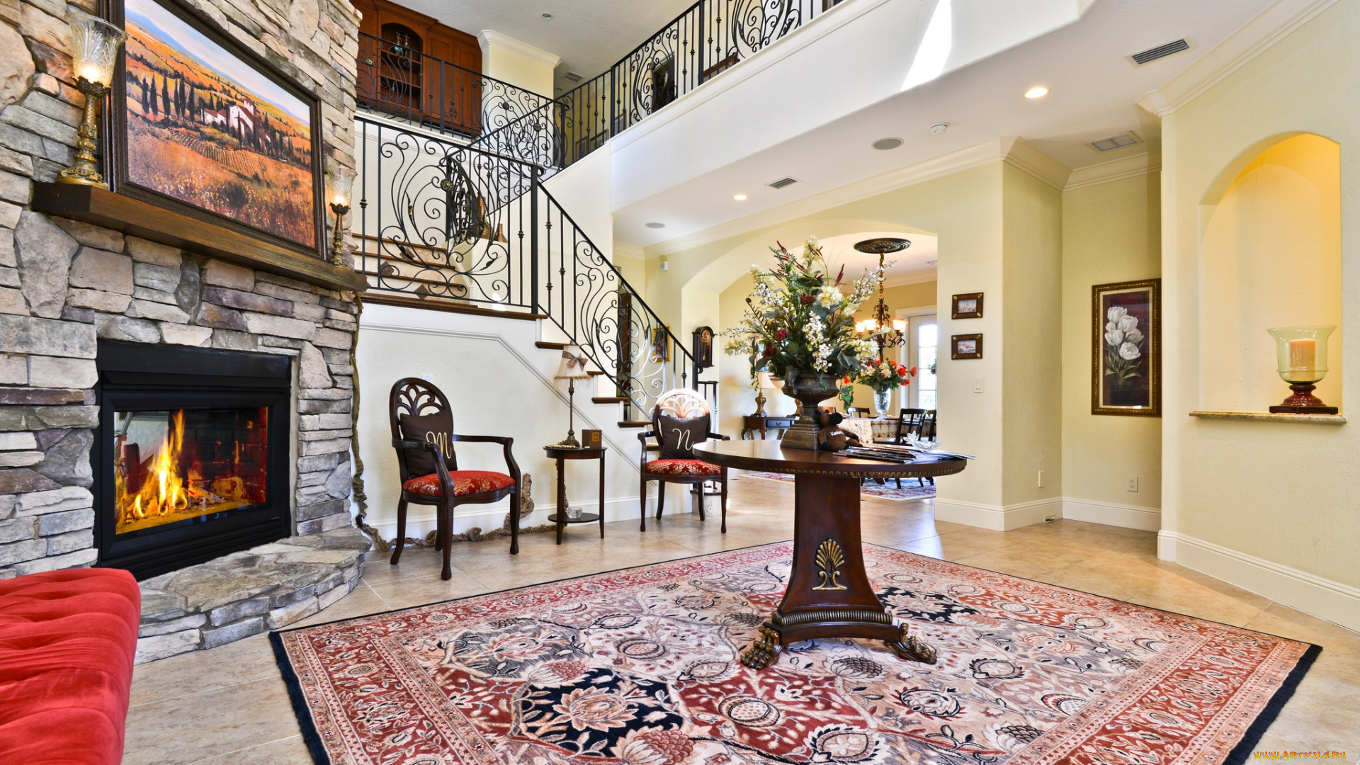 интерьер, холлы, , лестницы, , корридоры, букет, камин, ковер