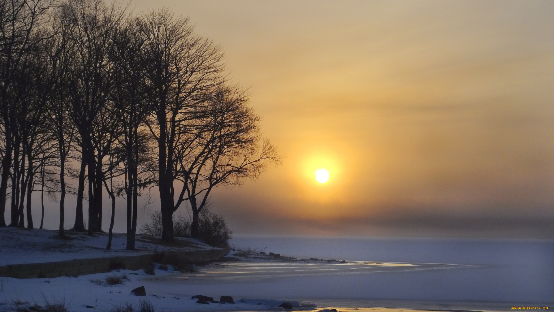 природа, восходы, закаты, снег, лед, озеро, зима, солнце, деревья