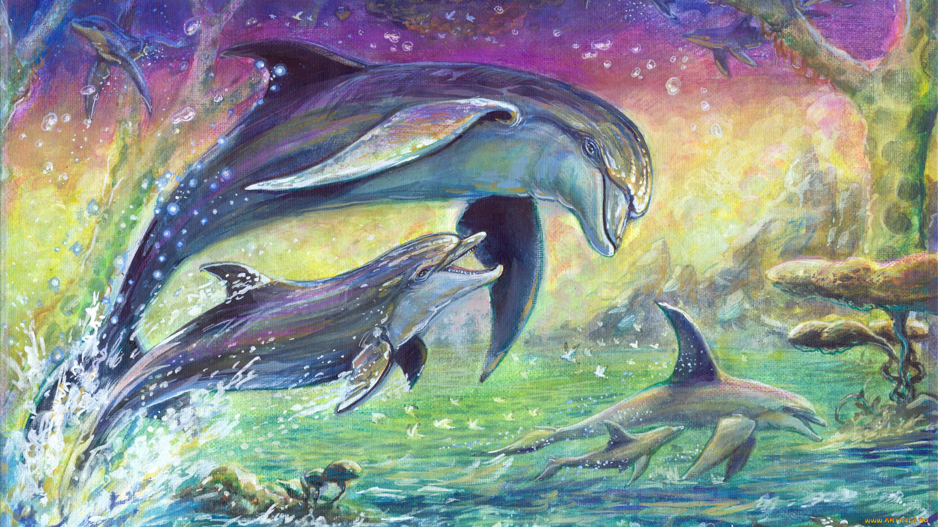 рисованные, животные, , дельфины, волны, море, холст, дельфины