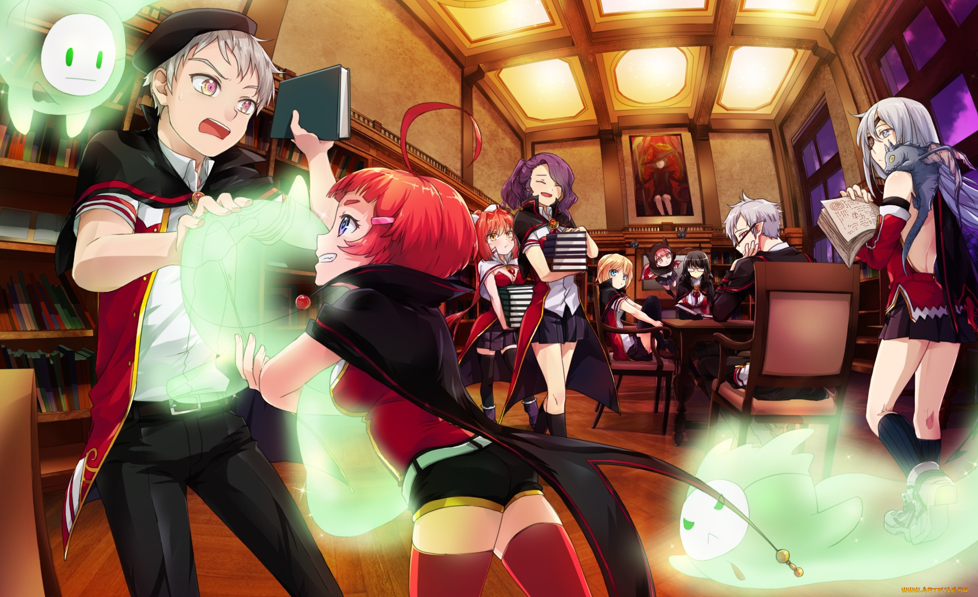 аниме, -halloween, &, magic, полки, книги, драка, парень, девушка, возмущение, люди