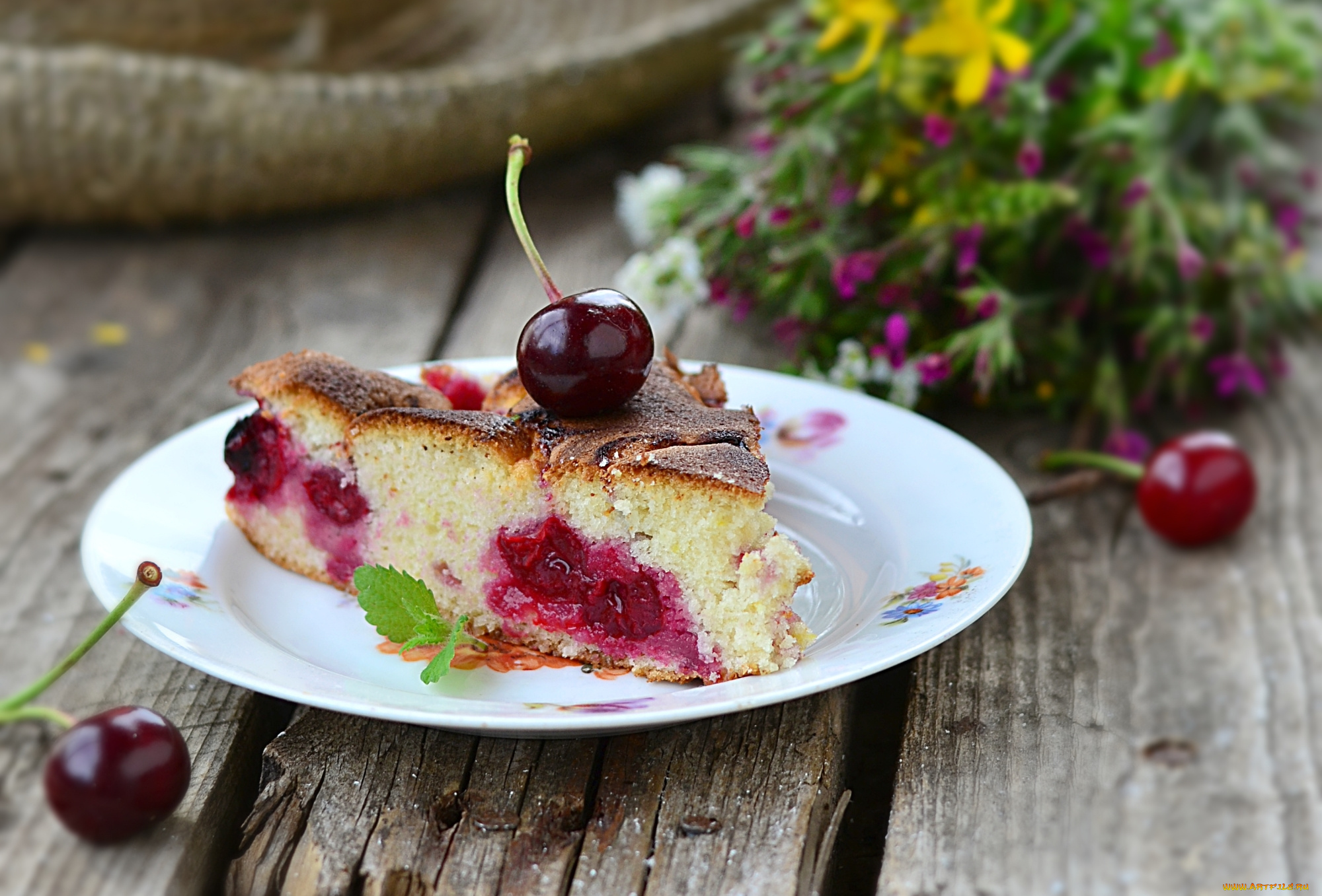 еда, пироги, кусок, вишня