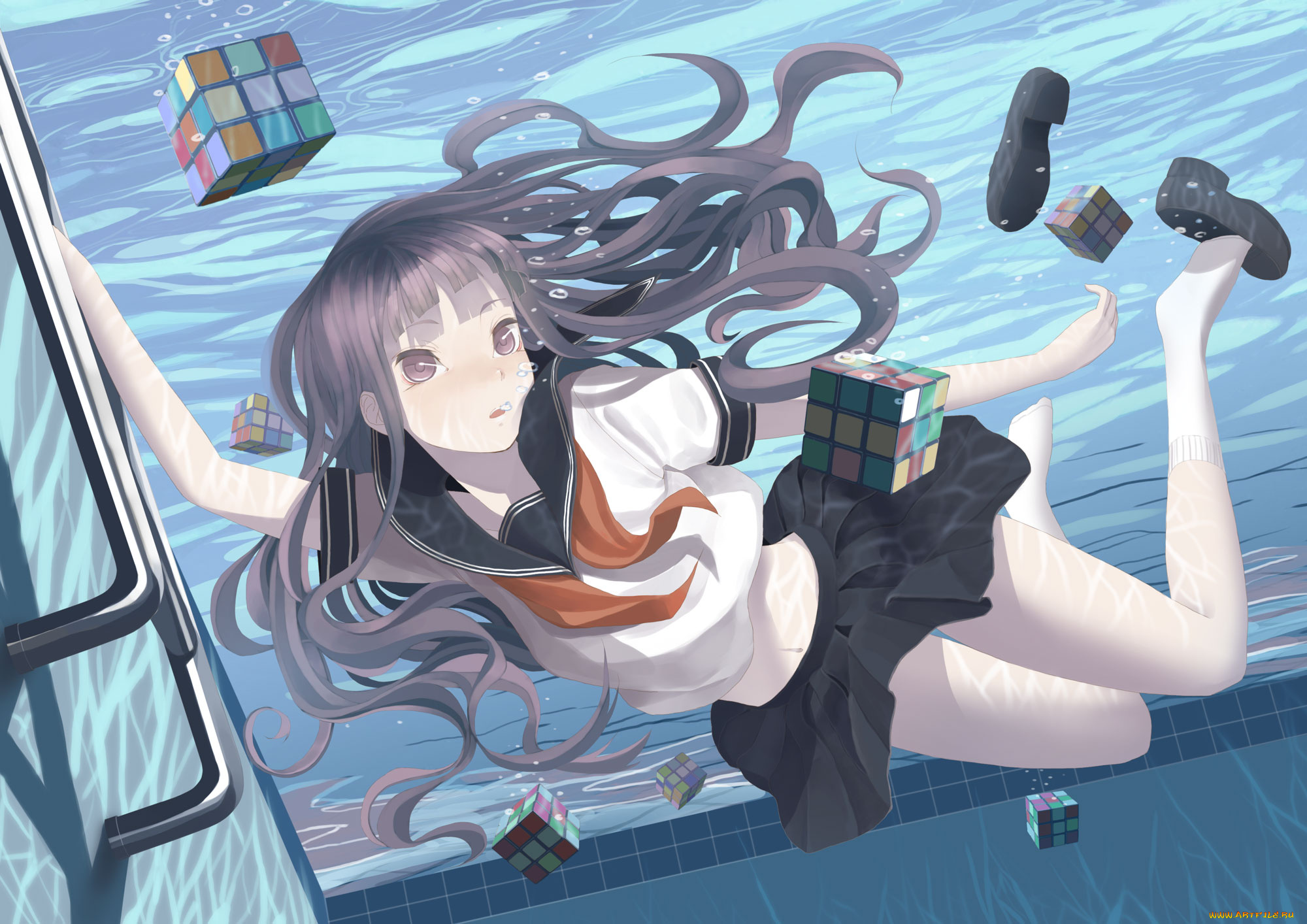 аниме, *unknown, , другое, пузырьки, девушка, вода