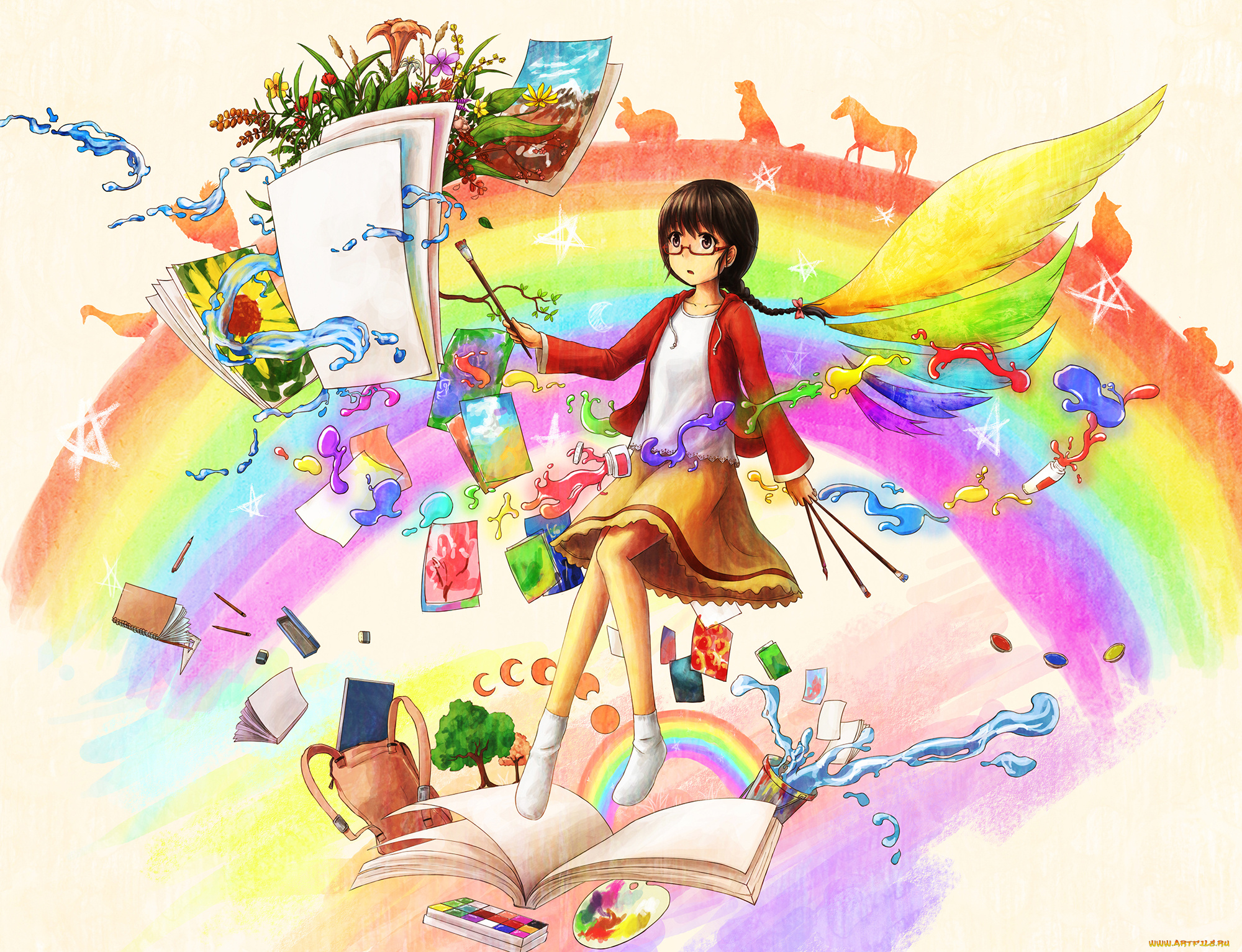 аниме, *unknown, , другое, радуга, цветы, шатенка, краски, коса, рисование, дерево, листы, арт, девушка, сумка, кисточки