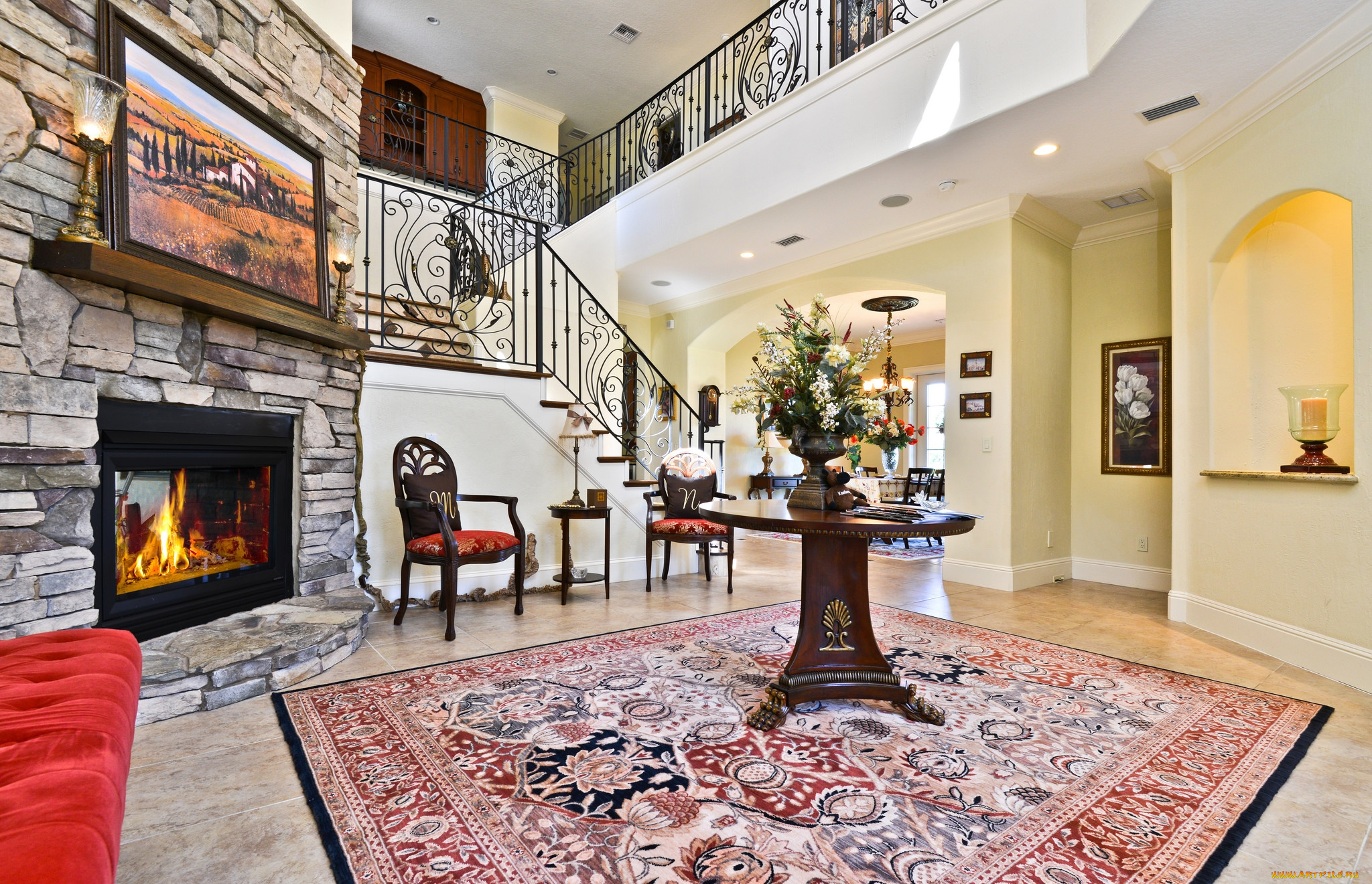 интерьер, холлы, , лестницы, , корридоры, букет, камин, ковер