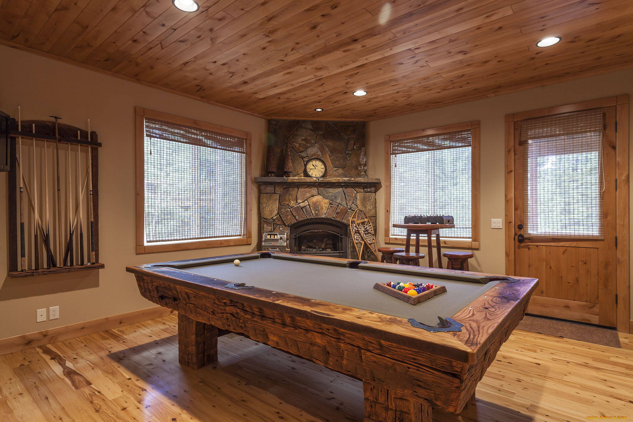 интерьер, бильярдная, стол, шары